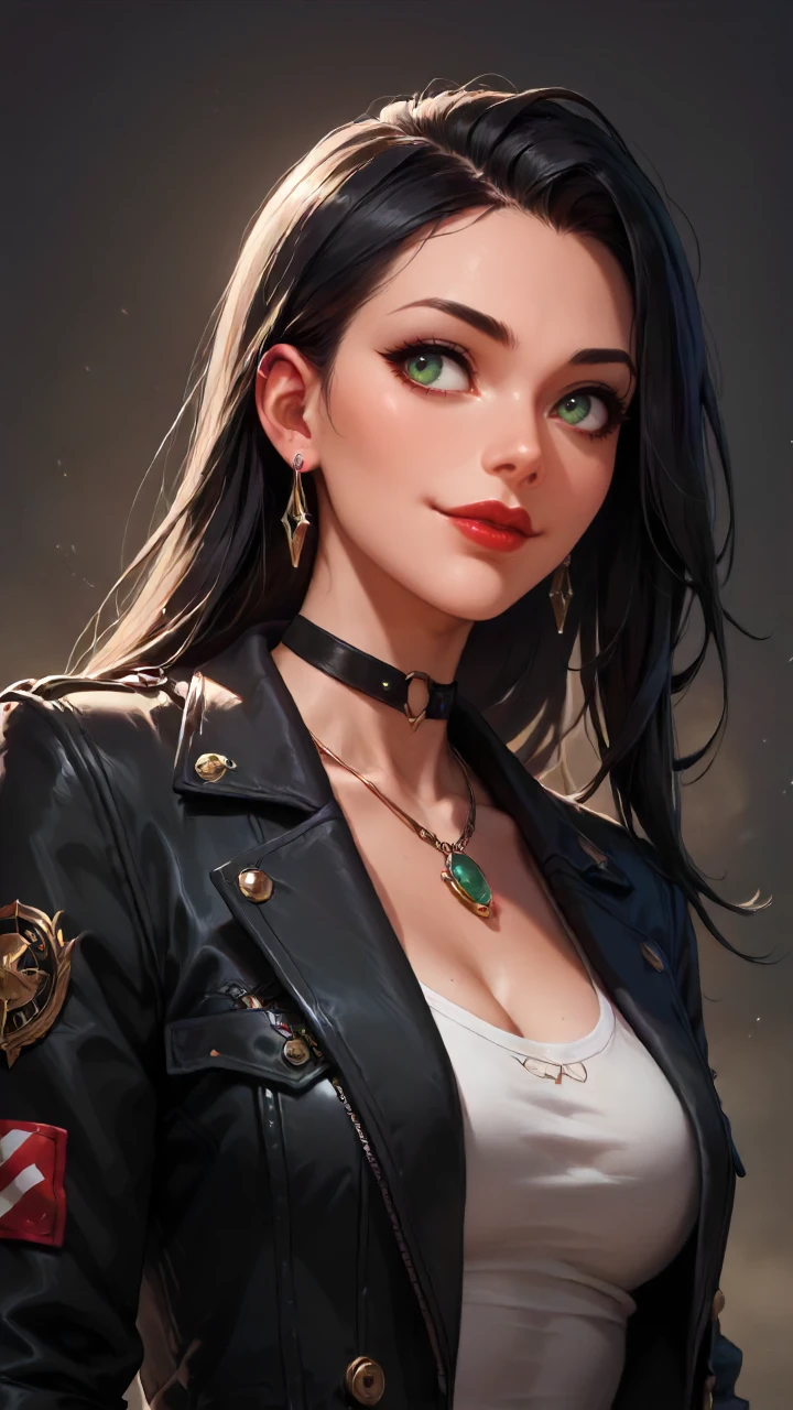 concept art, dark theme, low light, ((score_9), score_8_up, score_7_up), score_6_up, score_4_up, score_5_up, 1girl, solo, jewelry, watch, long hair, wristwatch, earrings, green eyes, necklace, black jacket, grey hair, jacket, closed mouth, upper body, looking to the side, black hair, lips, choker, hair behind ear, sketch, looking away, stud earrings, red lips, smile, makeup, <lora:sinfully_stylish_SDKL:0.8> <lora:Concept Art DarkSide Style LoRA_Pony XL v6:0.8>