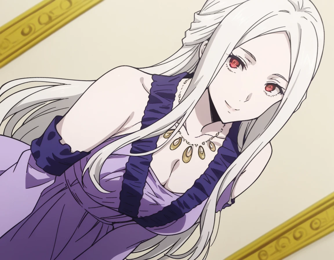 score_9, score_8_up, score_7_up, source_anime,
leonoranakiri, <lora:leonora-nakiri-s2-ponyxl-lora-nochekaiser:1>,
leonora nakiri, long hair, red eyes, white hair, pale skin, forehead,
dress, cleavage, bare shoulders, jewelry, necklace, purple dress,
indoors, bent over, smile,
looking at viewer, cowboy shot, dutch angle, solo,