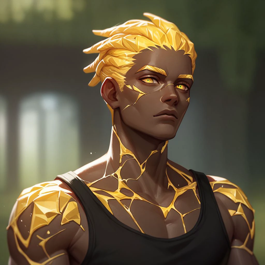 (((beautiful, high quality))), upper Body, score_9, score_8_up, score_7_up, 
easynegative, GenasiEarth,
1boy, male focus, metal skin, stone inclusions, glowing gold cracks, dark skin, yellow eyes, dreadlocks, muscles, black top, 
looking at the viewer, posing, 
blurred background,