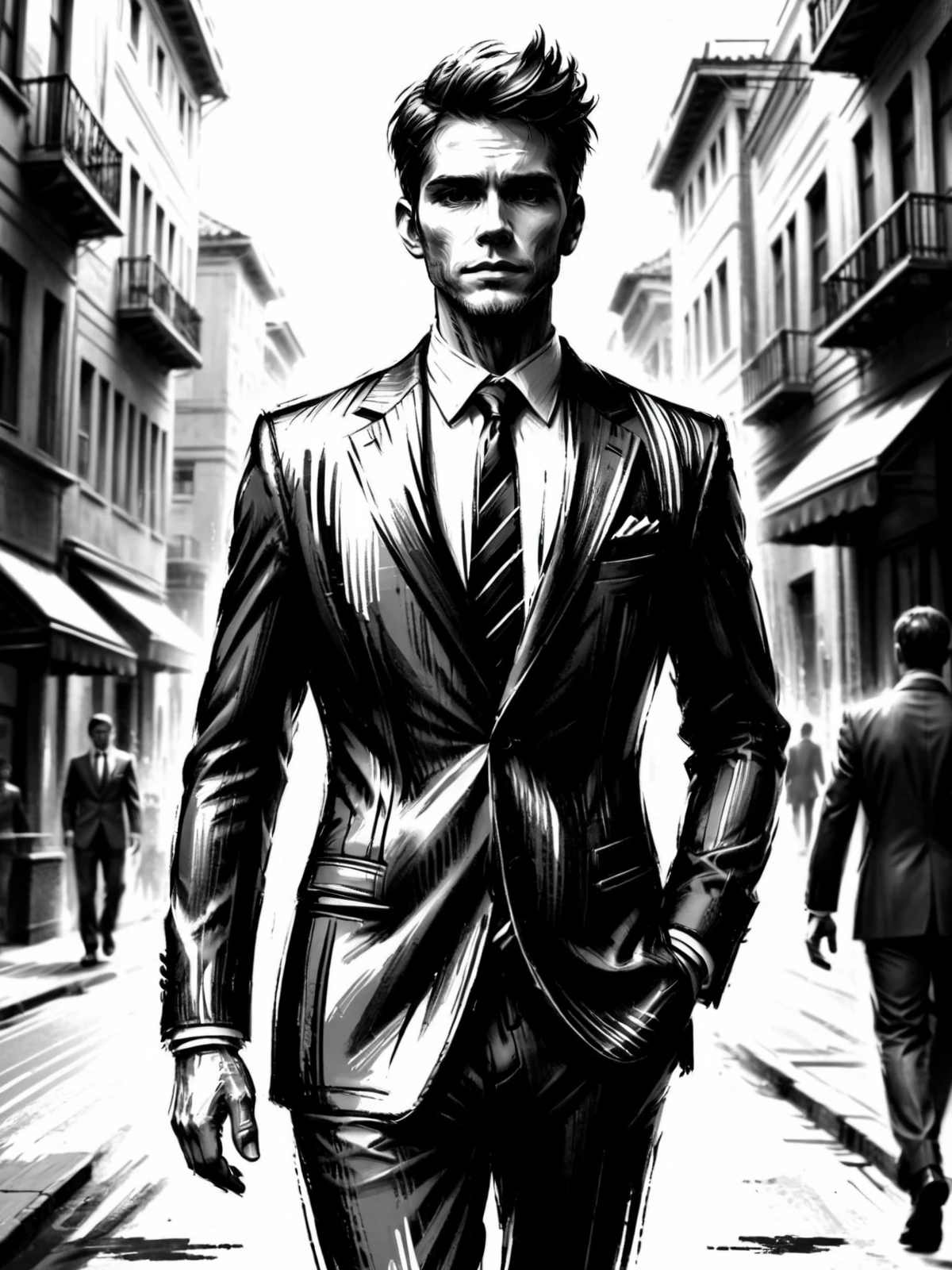 man wearing suit made of mad-nksktch walking through city <lora:Ink_Sketch_SDXL:0.8>, (masterpiece:1.2), best quality