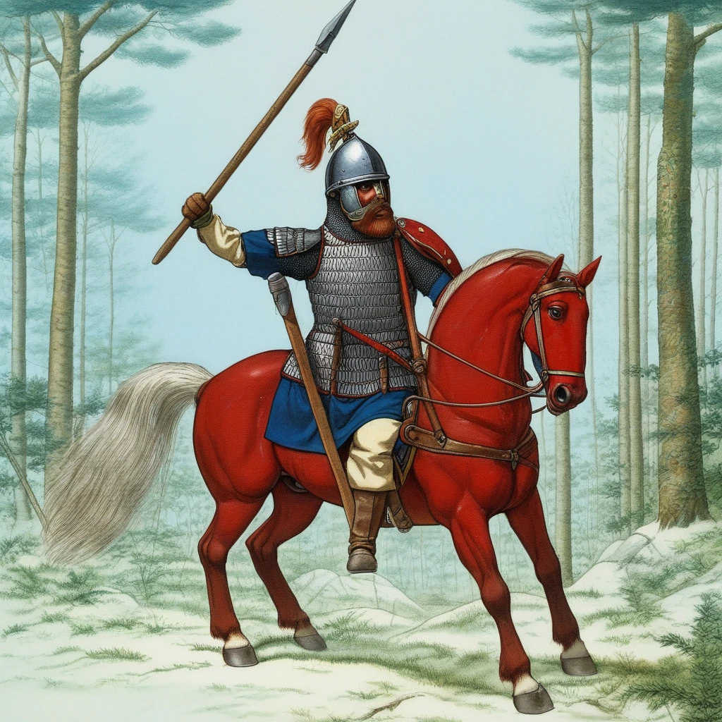 gloves, forest, armor, conic helmet, weapon, horse, detailed background, pointing with finger, axe, holding polearm, holding mace, various armors in the background, red brigantine, facial hair, blue tunic, padded armor underneath