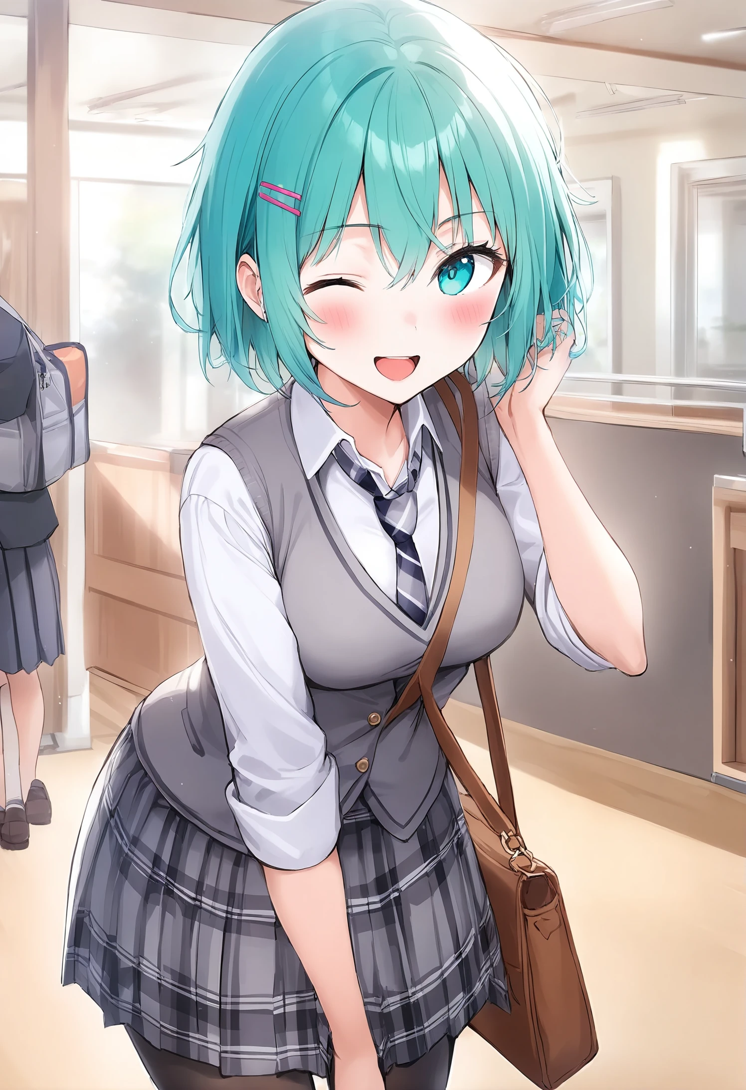 1girl,
rangu,
grey skirt, striped necktie, one eye closed, short hair, skirt, pantyhose, aqua eyes, pleated skirt, grey necktie, cowboy shot, aqua hair, hair ornament, indoors, light, blush, sleeves rolled up, bag, ;d, handbag, grey vest, collared shirt, school uniform, hair between eyes, open mouth, looking at viewer, breasts, solo focus, vest, plaid skirt, shirt, smile, white shirt, brown bag, holding, necktie, plaid, striped, miniskirt, hairclip, dress shirt,
masterpiece, best quality
<lora:rangu_image256_2024-03-28_a31-000024:1>