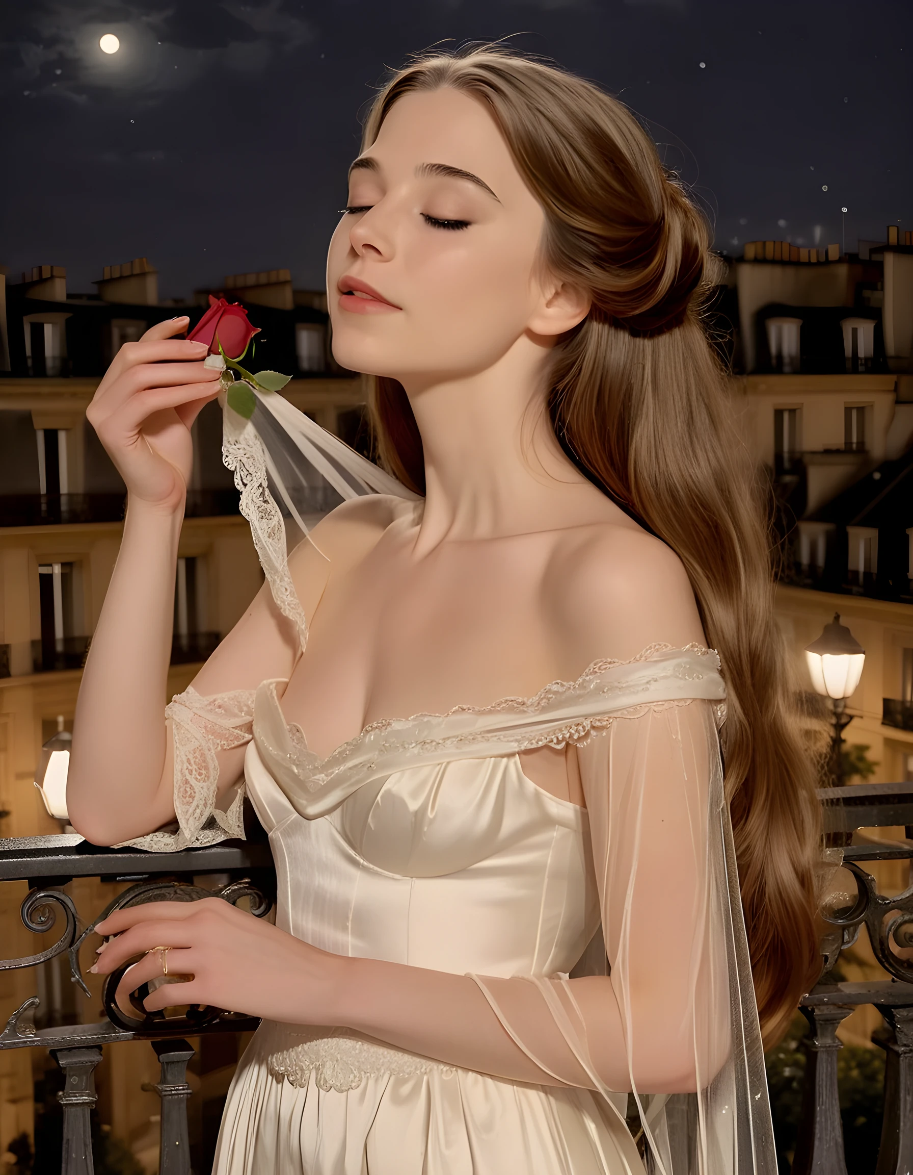 In the heart of a moonlit Parisian night, Anna stands on an ivory-hued balcony, her long, brown hair cascading around her like a veil, her eyes closed as she holds a single rose aloft in her graceful hand.