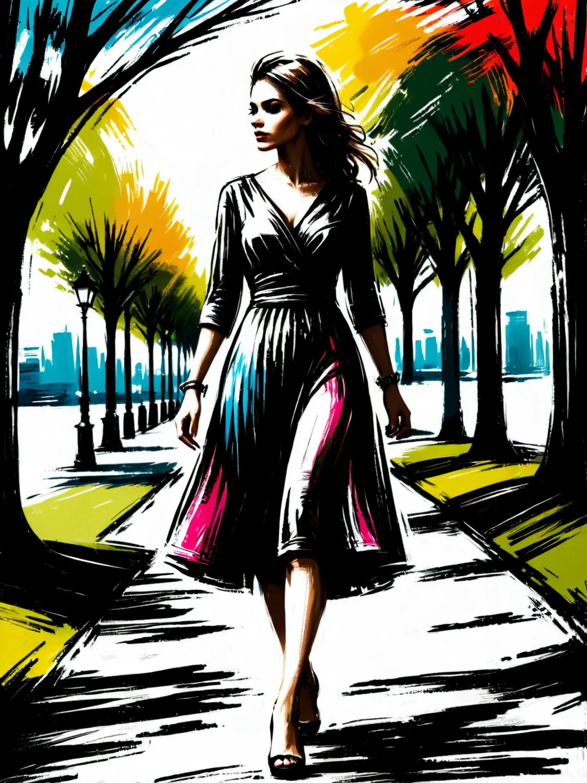 woman wearing a dress walking through park,  colorful mad-nksktch <lora:Ink_Sketch_SDXL:1.2>, (masterpiece:1.2), best quality