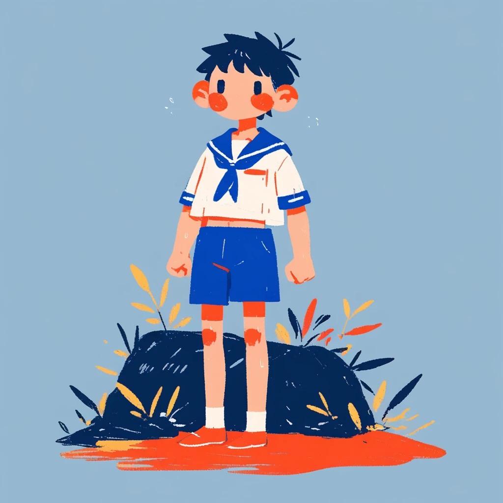 a boy in a sailor outfit frowning