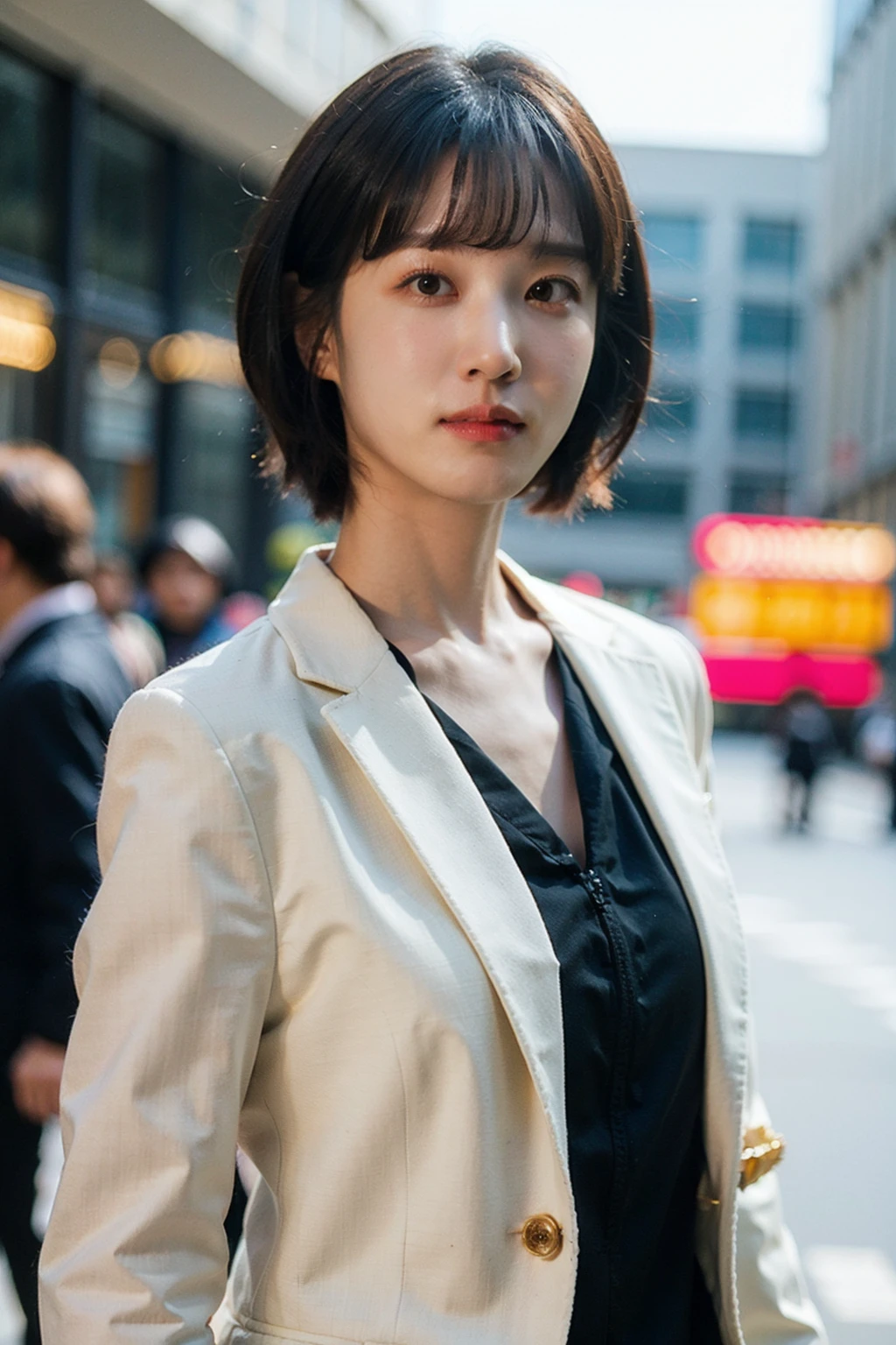 Best quality, masterpiece, ultra high res, (photorealistic), raw photo,1girl, skinny, upper body,solo, realistic, bokeh background, city streets,short bob hair, hair bangs, suit,  <lora:makina69_parkeunbin_v1.0:1>