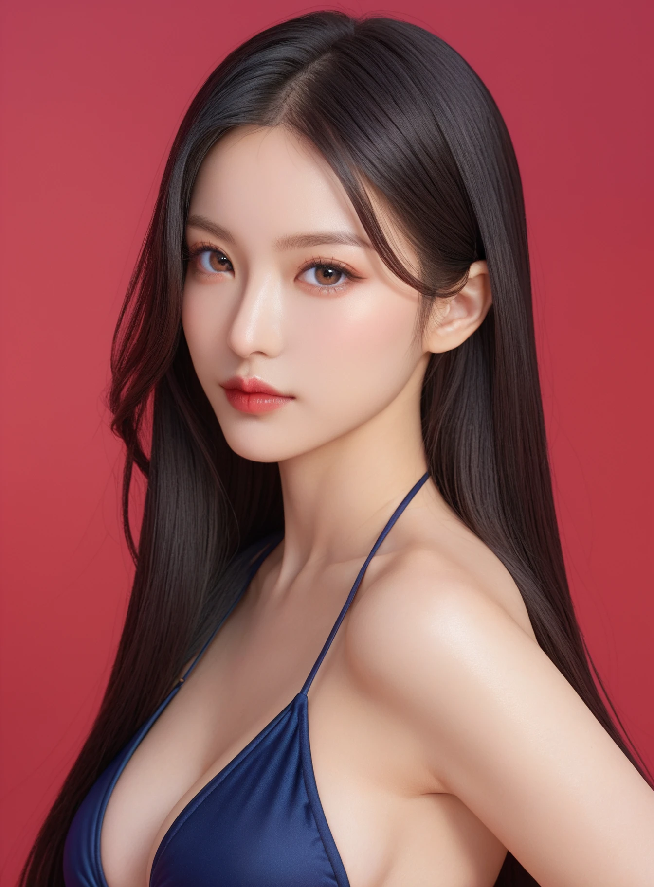 ,score_9,score_8_up,score_7_up, 20 years old, 8k, hd, beautiful girl, black hair, very long hair, straight hair, closed mouth,
1girl, detailed face, beautiful woman's face, bikini, bra, red background, looking at viewer,
