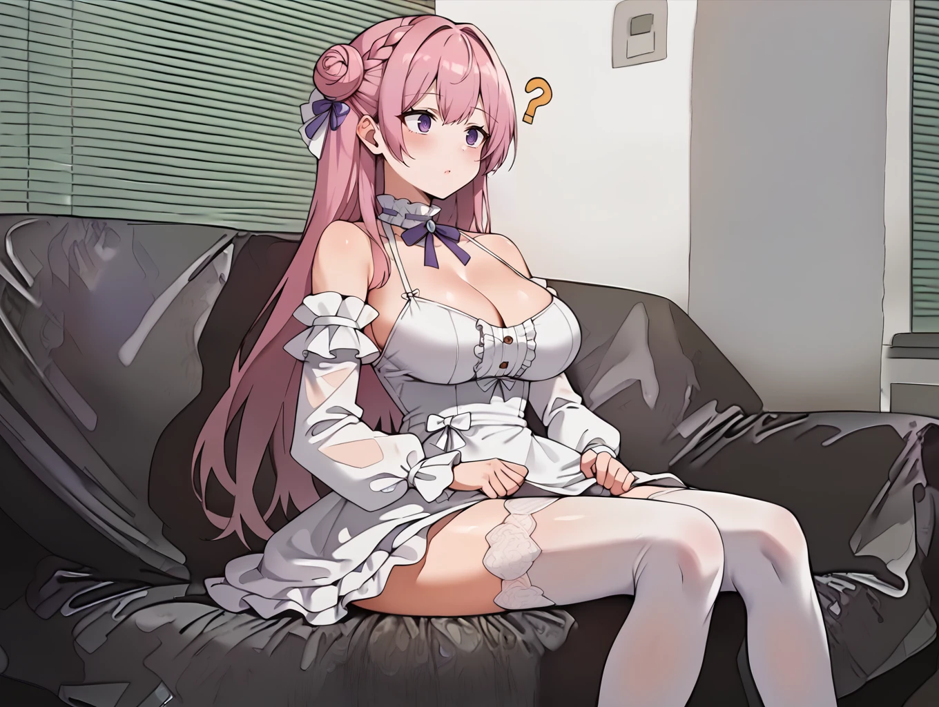 score_9, score_8_up, score_7_up, score_6_up, score_5_up, score_4_up,,  source_anime,,, ,
, BREAK, uncensored,
 <lora:810iv:1>, 810interview, ,sitting, solo, indoor,  silver couch, againist window shade, window shade,
1girl,
 <lora:dorothy-nikke-richy-v1_pdxl:0.6>,dorothydef, pink hair, long hair, hair bun, braid, purple eyes, hair ribbon, hair ornament, purple ribbon, white dress, cleavage, large breasts, halterneck, frilled choker, frills, detached sleeves, puffy sleeves, white thighhighs,
?,