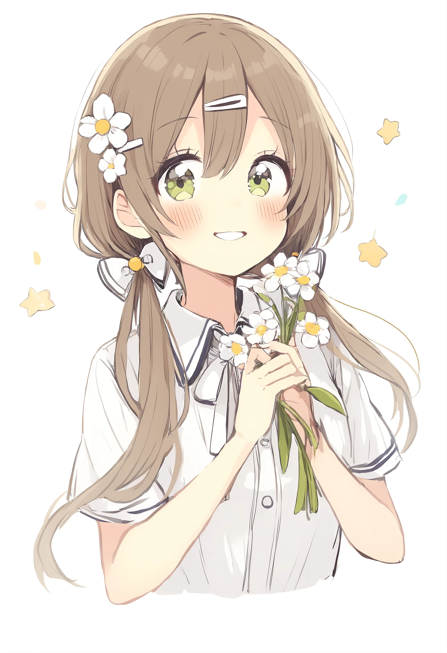1girl, 
sakura oriko, 
white shirt, twintails, bow, simple background, upper body, white bow, hair bow, hair between eyes, solo, hairclip, smile, blush, hair flower, low twintails, star \(symbol\), holding, looking at viewer, parted lips, flower, brown hair, cropped torso, white background, white flower, pennant, holding flower, green eyes, string of flags, hands up, long hair, collared shirt, shirt, hair ornament, 
masterpiece, best quality
 <lora:sakura_oriko_image615_2024-03-28_a31:1>