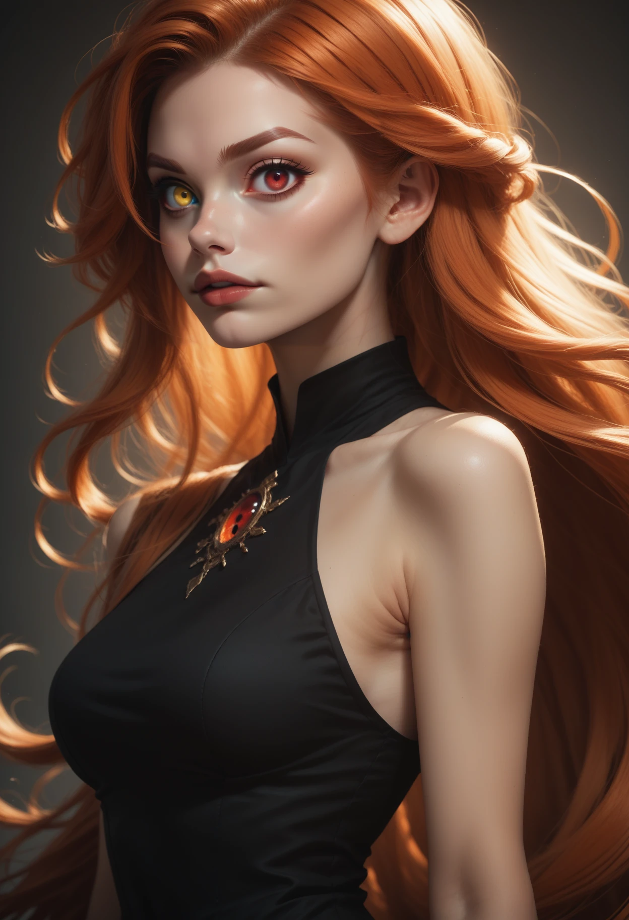 score_9, score_8_up, score_7_up,
1girl, solo, upper body, ginger hair, very long hair, black dress, red eyes, heterochromia, right eye yellow,
 <lora:Dark_Heterochromia_Pony_v0.2:0.5>