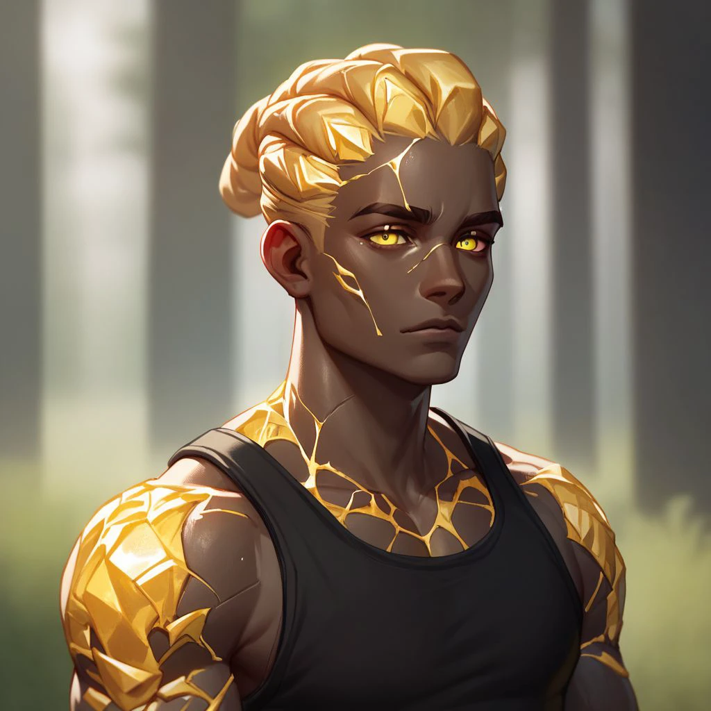 (((beautiful, high quality))), upper Body, score_9, score_8_up, score_7_up, 
easynegative, GenasiEarth,
1boy, male focus, metal skin, stone inclusions, glowing gold cracks, dark skin, yellow eyes, dreadlocks, muscles, black top, 
looking at the viewer, posing, 
blurred background,