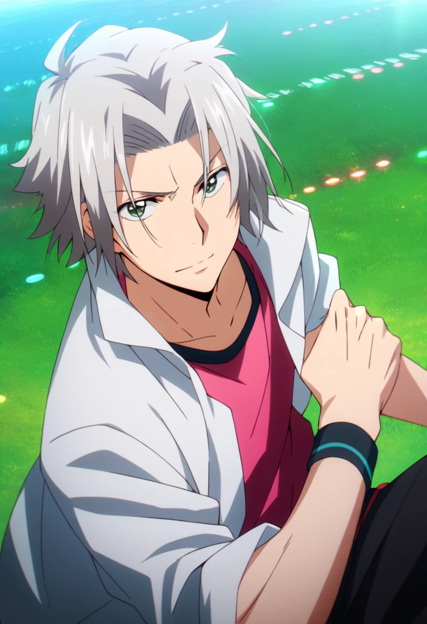 Prompt: score_9, score_8_up, score_7_up, score_6_up, highly detailed, masterpiece, best quality,detailed,intricate details, amazing quality, best aesthetic, absurdres,source_anime,hayato gokudera, grey hair, green eyes, white jacket, pink shirt, wristband<lora:EMS-391469-EMS:1.000000>