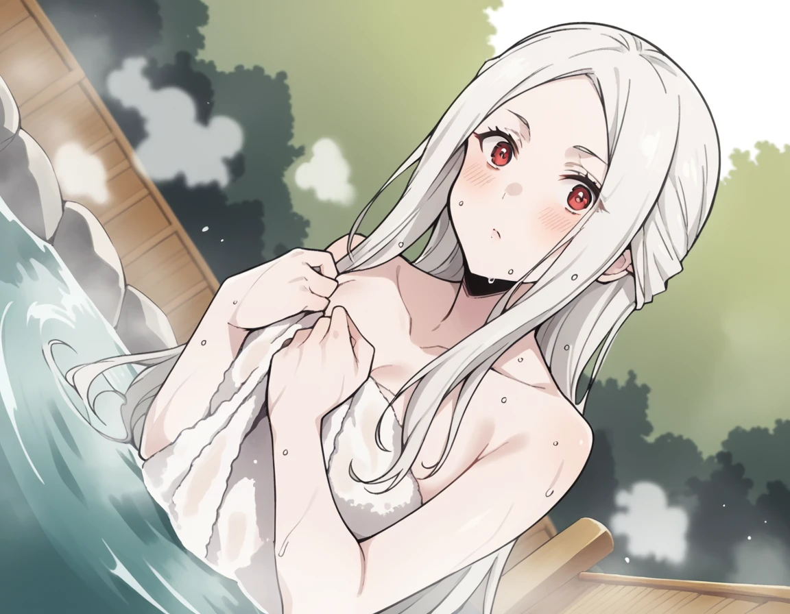score_9, score_8_up, score_7_up, source_anime,
leonoranakiri, <lora:leonora-nakiri-s2-ponyxl-lora-nochekaiser:1>,
leonora nakiri, long hair, red eyes, white hair, pale skin, forehead,
nude, naked,
outdoors, onsen, towel, naked towel, steam, bathing, nude cover, partially submerged, water, bath, steam censor, wet towel, blush,
looking at viewer, cowboy shot, dutch angle, solo,
