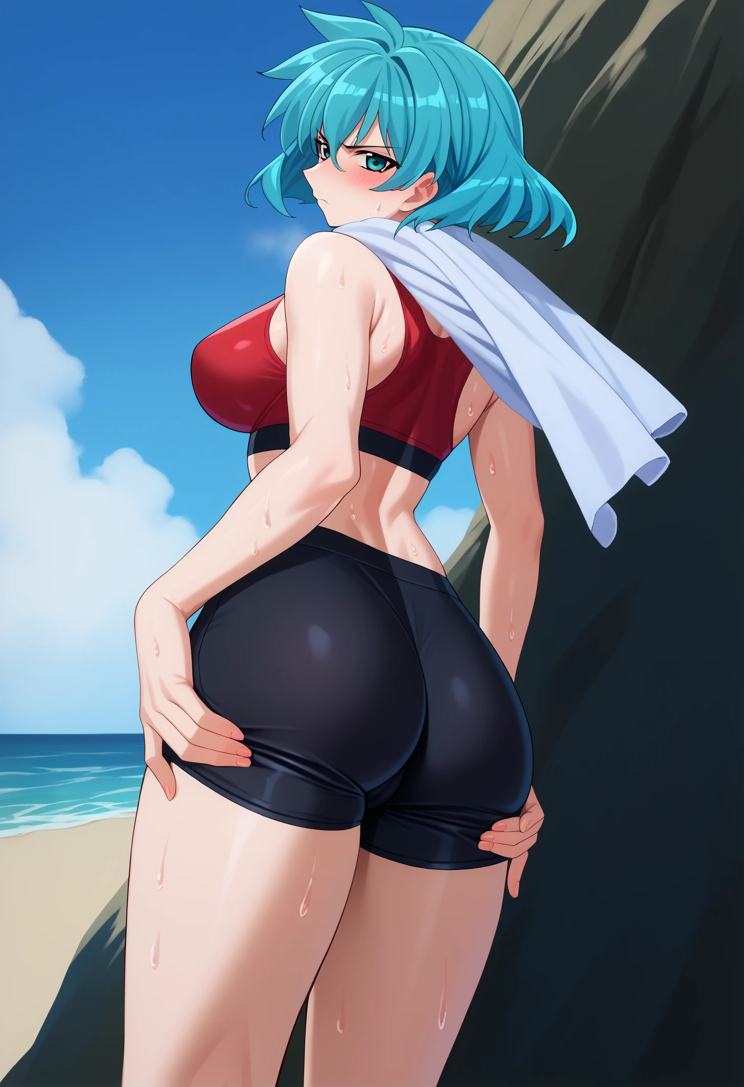 score_9, score_8_up, score_7_up, BREAK 1girl, solo, mgisb, aqua eyes, aqua hair, short hair, large breasts, <lora:MeiaGisbornPDXL_V1-Manityro-CAME:1.0>,
red sports bra, black shorts, sports shorts, towel around neck,
looking at viewer, looking back, side view, sweat, hand on ass, annoyed, blush,
outdoors, summer, beach,