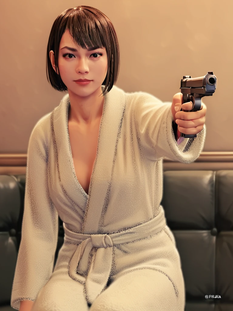 score_9, score_8_up,score_7_up,1girl,  <lora:Saeko_Mukoda:1>saeko, bathrobe,holding  gun, aiming the viewer,