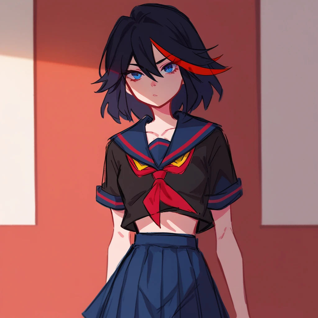 (score_9, score_8_up, score_7_up, masterpiece, best quality, extremely detailed face, perfect lighting,)1girl, solo, matoi ryuuko, black hair, red hair, streaked hair,  looking at viewer, blue eyes, small breasts, school uniform, black serafuku, suspender skirt,
 <lora:Matoi_RyuukoSDXL:0.9>,     <lora:dijor:0.8> dijor, sketch, sketched