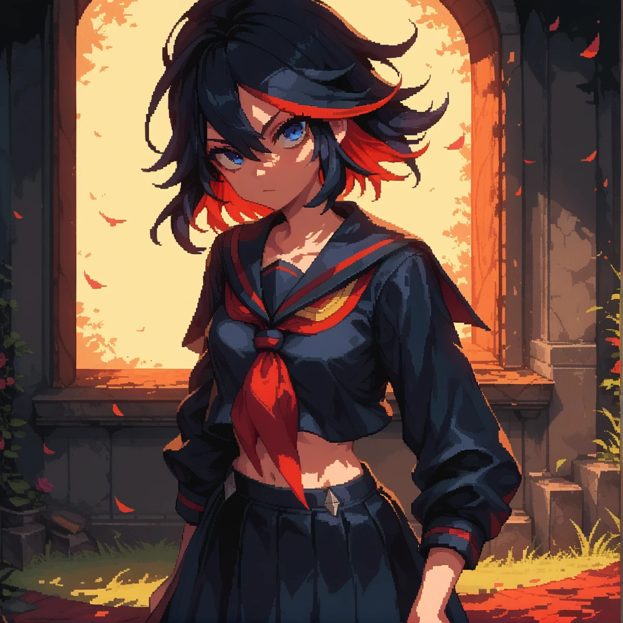 (score_9, score_8_up, score_7_up, masterpiece, best quality, extremely detailed face, perfect lighting,)1girl, solo, matoi ryuuko, black hair, red hair, streaked hair,  looking at viewer, blue eyes, small breasts, school uniform, black serafuku, suspender skirt,
 <lora:Matoi_RyuukoSDXL:0.9>,    <lora:d3p1x3lXLP:0.8> d3p1x3l, pixel art,