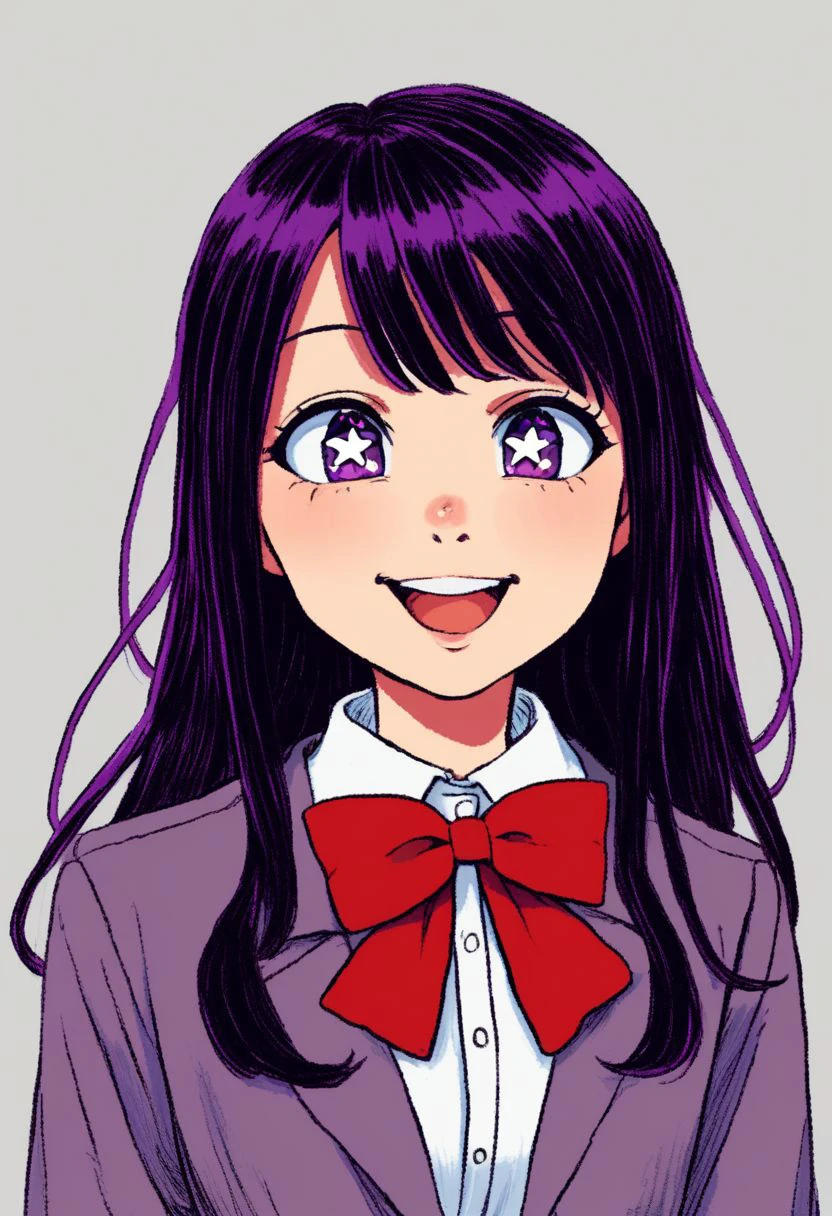 Score_9, score_7_up, @julesartstash, j.artstash, julesartstash
, hoshino ai, purple eyes, purple hair, star-shaped pupils, symbol-shaped pupils, 1girl, solo, long hair, school uniform, bow, smile, open mouth, jacket, shirt, red bow, black hair, white shirt, pink hair, bowtie