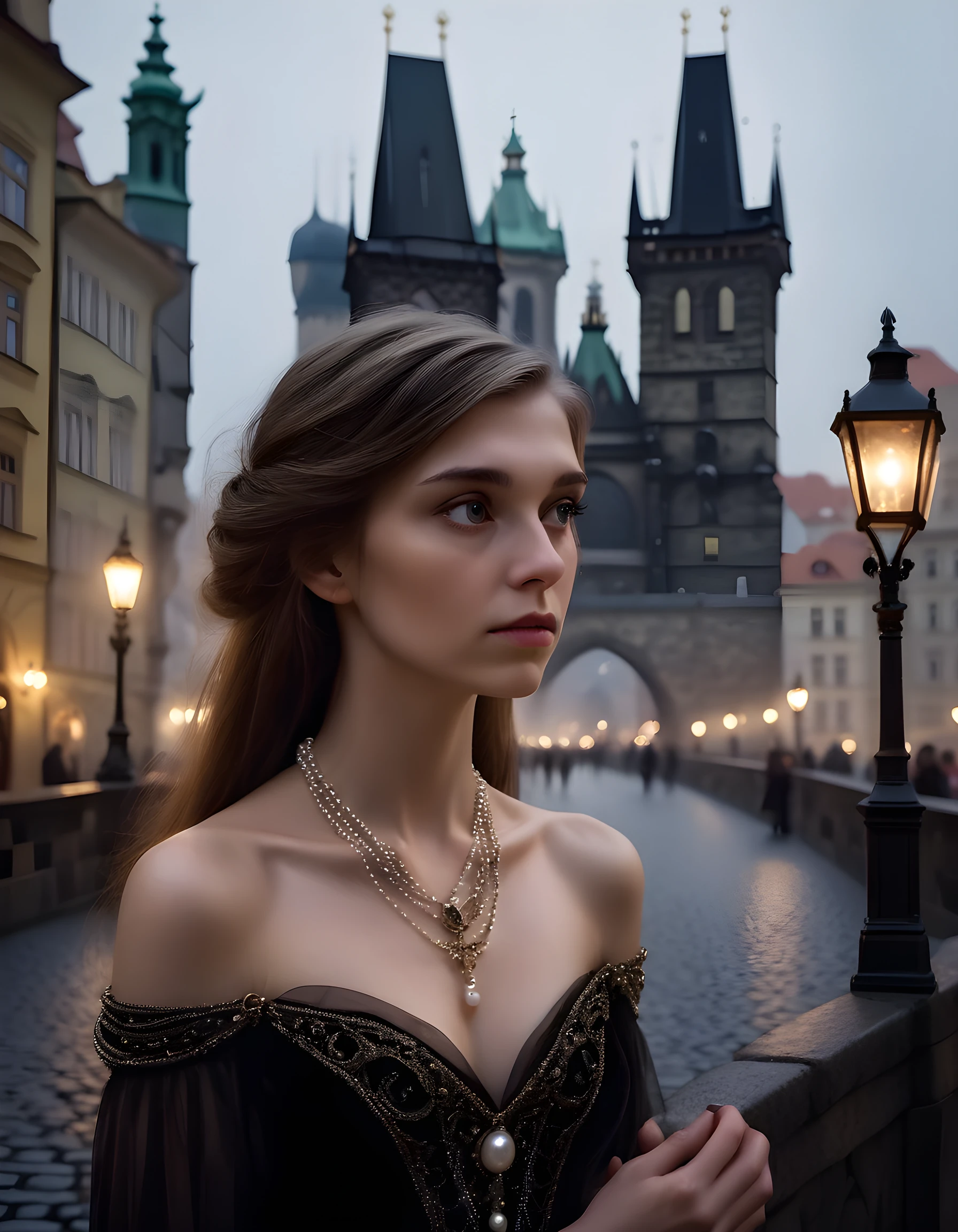 In the hauntingly beautiful, gothic cityscape of Prague during a gloomy evening twilight, Anna, a woman with long, flowing brown hair and striking brown eyes, emerges from the mist-shrouded cobblestone streets, her ethereal silhouette accentuated by the soft glow of flickering gas lamps. She is adorned in an intricate black velvet gown that shimmers with crystals that catch the dim light like stars and a breathtaking necklace of pearls that draws the eye to her elegant collarbone. Her hand clutches tightly to a small, antique music box that plays a mournful melody, adding an extra layer of sorrow and longing to the already poignant scene. The wind whispers through her hair, causing it to cascade down her back like a dark waterfall, while her gaze is lost in the distance as if she is both captivated by and oblivious to the world around her. The camera, positioned at a low angle on the bridge, captures her from below, emphasizing her regal presence and the haunting beauty of the city behind her, creating a powerful image that is both hauntingly evocative and impossible to forget.