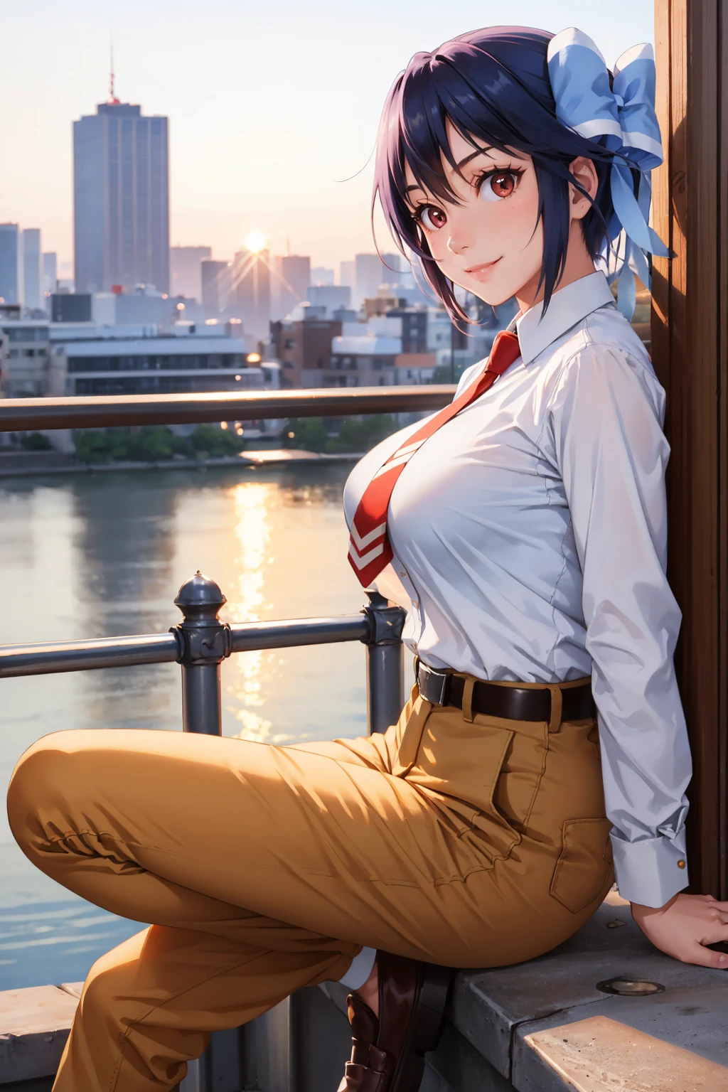 masterpiece, best quality, 1girl,  <lora:tsugumi-nvwls-v1-000008:0.9> tsugumi seishirou, hair bow, white shirt, collared shirt, long sleeves, red necktie, belt, brown pants, large breasts, looking at viewer, from side, smile, sitting, socks, loafers, city, blue sky, railing