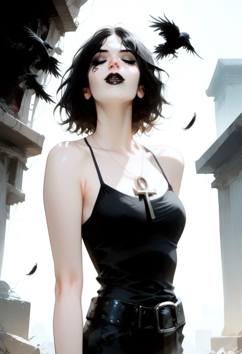 score_9, score_8_up, score_7_up, Expressiveh, 1girl, Death, Death of the Endless, \(DC Comics\)/,(ultra HD quality details), pale skin, black eyes, black hair, goth girl, gothic style, makeup, black lips, tattoo under eye, short hair, 
one sexy girl, female focus, lustrous skin, parted lips, slender, large breasts, feather, feathers,
tank top, belt, pants, gloves, ankh necklace,
HD32k, expressiveh, arched back, sexy pose, perfect body, wide hips, narrow waist, supermodel pose, chest thrust out, outdoors, sun high in the sky, well lit, standing, eyes closed, 3/4 angle view, three quarter view, view from below, (head titled up:1.4), arched back, contrapposto pose, (3/4 view:1.5),