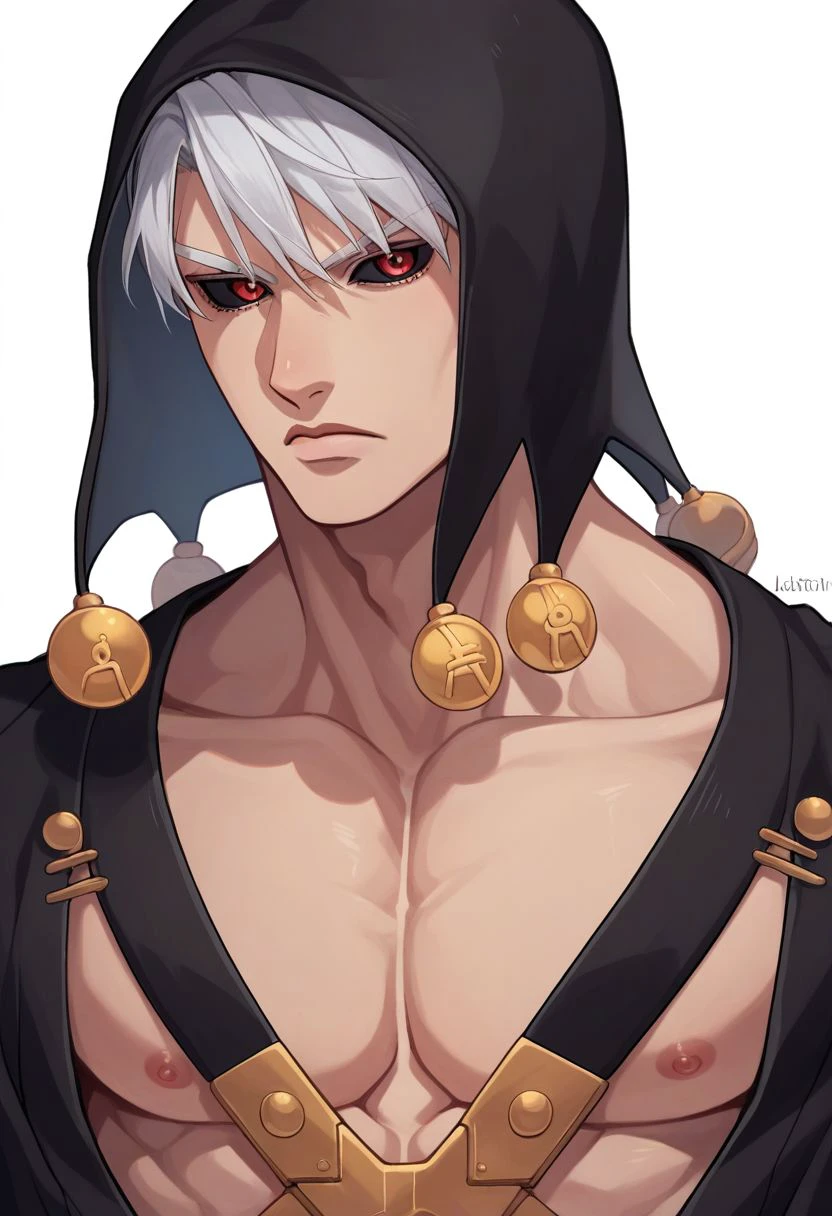 score_9, score_8_up, score_7_up, source_anime, solo, 1boy, man, sexy man, muscular, pectorals, Risotto Nero, white hair, short hair, black sclera, red eyes, hat, hood, black coat, serious, portrait, close up, halfbody, looking at viewer, standing, white background