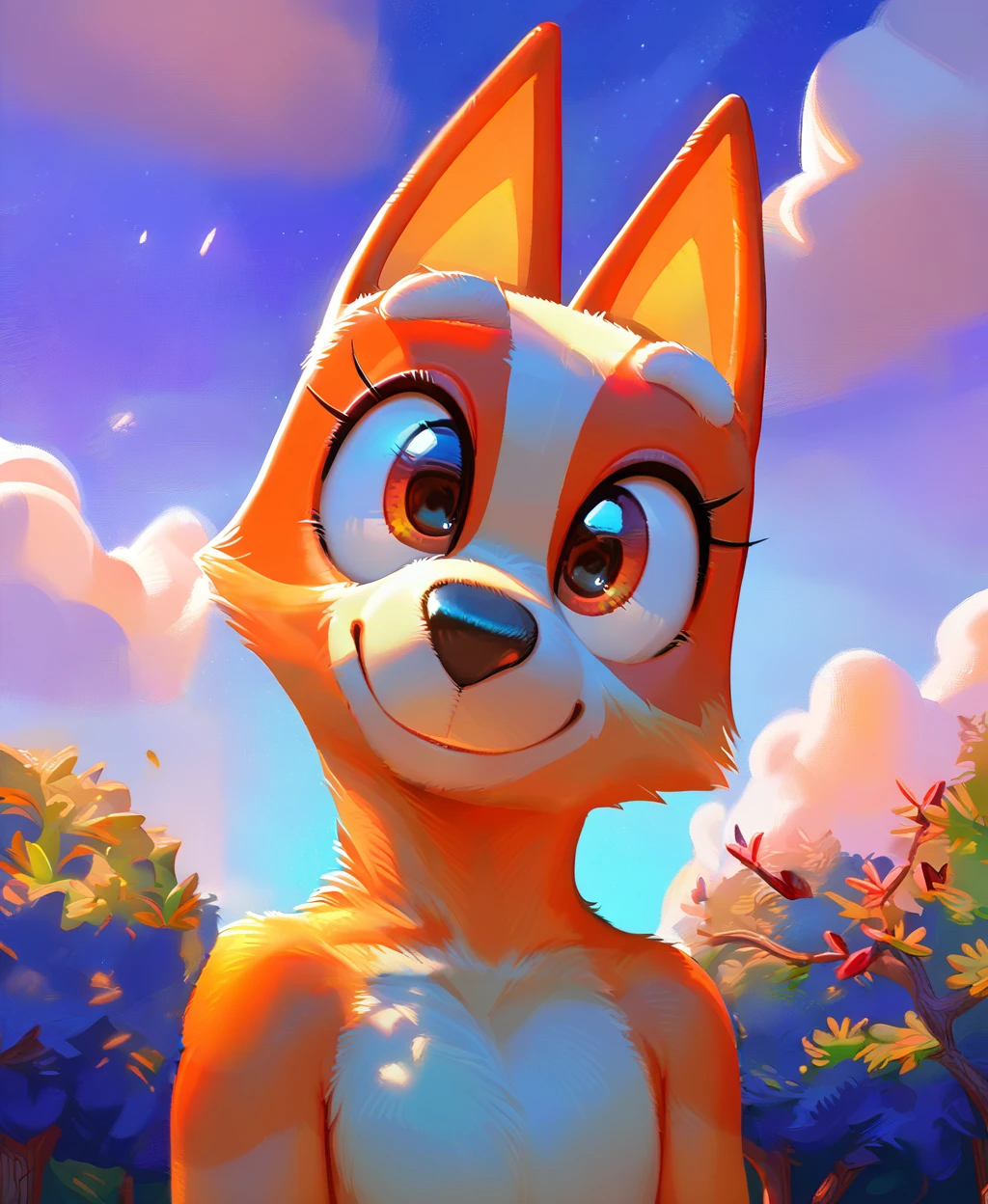 score_9, score_8_up, score_8, 1girl, <lora:blueyxl:0.98>, source_cartoon, source_furry, blueyxl, bingo heeler, (boxchibi:0.6), 18 year old girl, cowboy shot, anthro, furry, tail, orange body, animal ears, dark atmosphere, feminine, beautiful face, cowboy shot, petite, detailed fur texture, <lora:incase---1:0.5>, looking at viewer, dynamic angle, dynamic pose, flat chest, warm smile, beautiful smile, (squinting:1.2), looking down at viewer, eyelashes, outdoor night sky background, (at night), head tilt, depth of field, trees, clouds, fluffy neck