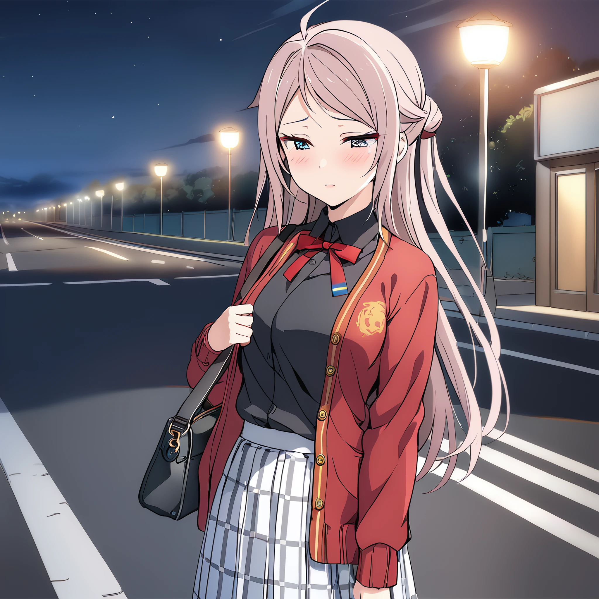 masterpiece,hdr,
1girl,zhonglanshu,1girl,sleepy,Blushing and looking down,half-closed eyes,glanshu cardigan, glanshu shirt, checkered skirt, grey socks, loafers,road,night,looking at viewer,form side,holding handbag,upper body,Dimly lit,