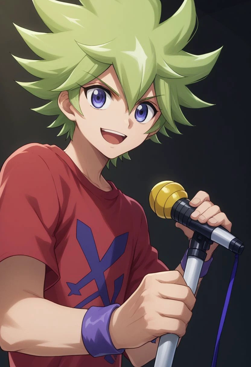 score_9, score_8_up, score_7_up, source_anime, 
roa, 1boy, male focus, microphone, solo, green hair, open mouth, smile, microphone stand, spiked hair, blue eyes, purple eyes, clenched hand, wristband, shirt, hair between eyes