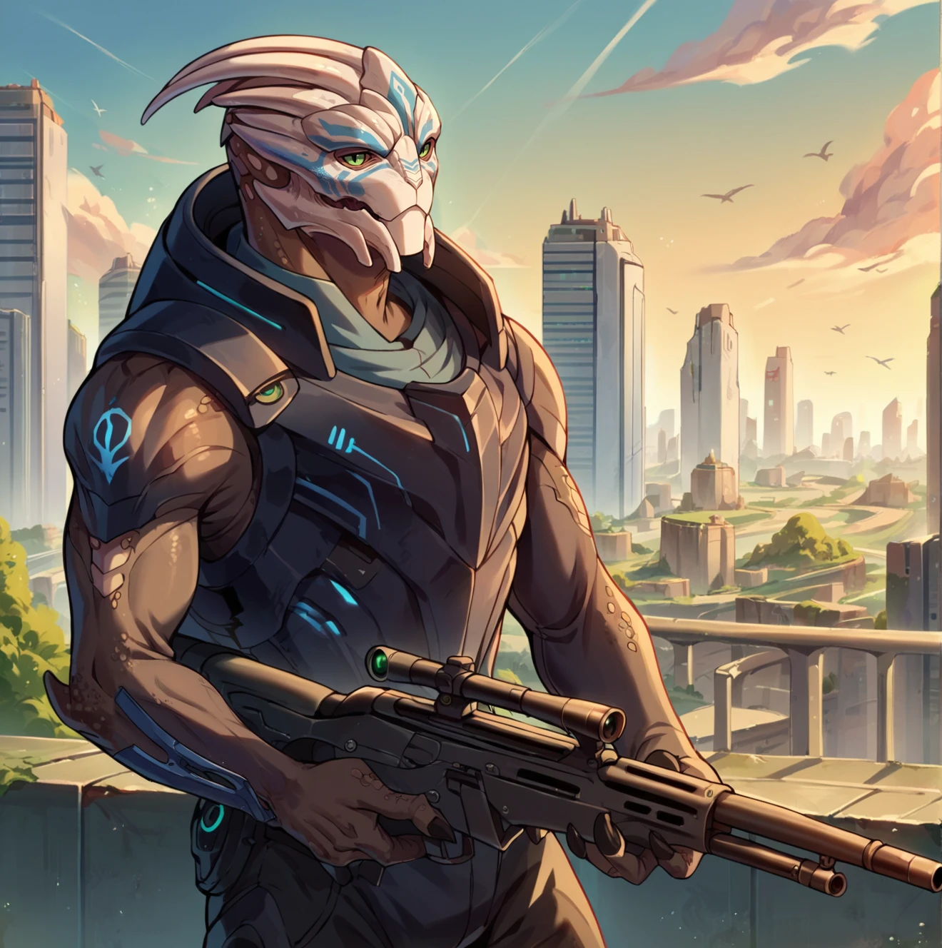 score_9, score_8_up, score_7_up, score_6_up, score_5_up, score_4_up, METurianM, 1boy, horns,  alien, green eyes, blue facepaint, black armor, black jumpsuit, sniper rifle, scope, city skyline, daylight, utopia, science fiction, <lora:METurianPonyV6MF-03:1>