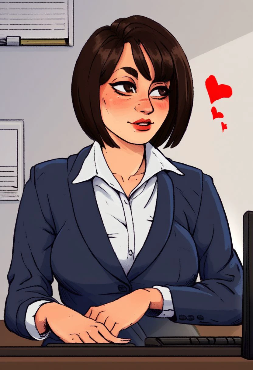 Score_9, score_7_up, @julesartstash, j.artstash, julesartstash, sexy asian girl, 1girl, japanese, office lady,indoors,  20 years old, face close up, half body portrait, short hair, dark hair, big brown eyes, white shirt, dark blue suit, suit without tie, modest look, seducing viewer, hearts, posing, sexy pose, solo, in the office, office table, computer,