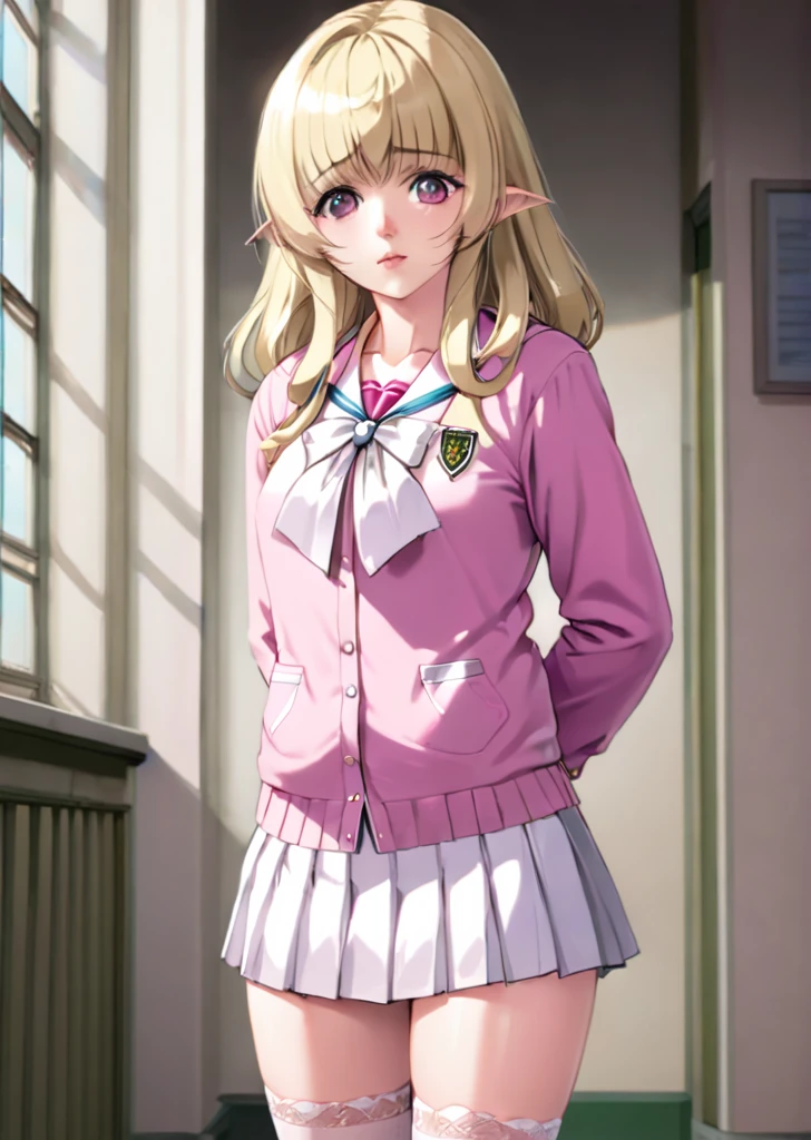 <lora:Laura_Elfinrine:0.85> Laura Elfinrine, blonde hair wearing pink school uniform, with white thights, Detailed and Intricate