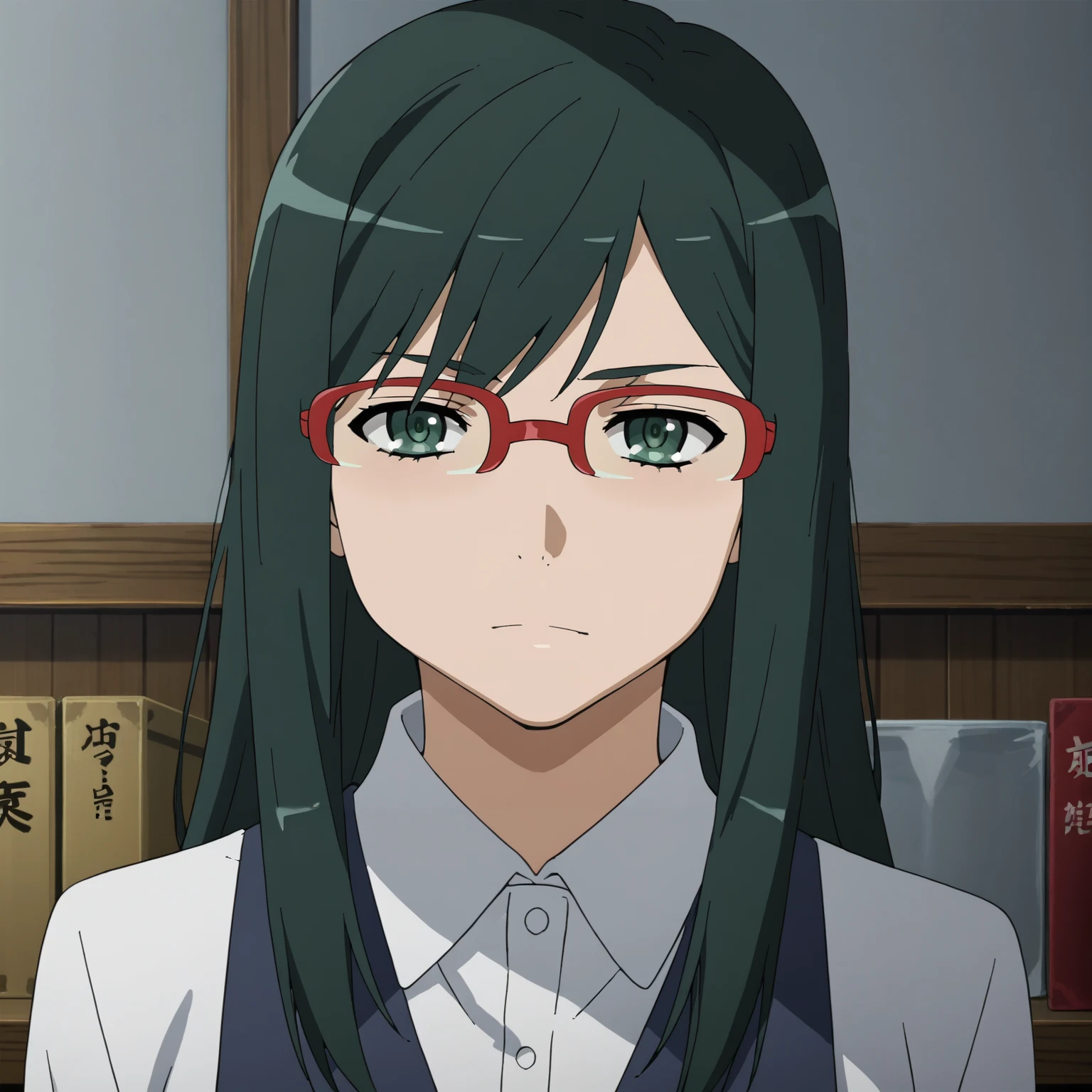 <lora:ChirikoTsurumiXLpony001>,
solo,
ChirikoTsurumi,1girl,black green hair,long hair,green eyes,
over-rim eyewear,red-framed eyewear,