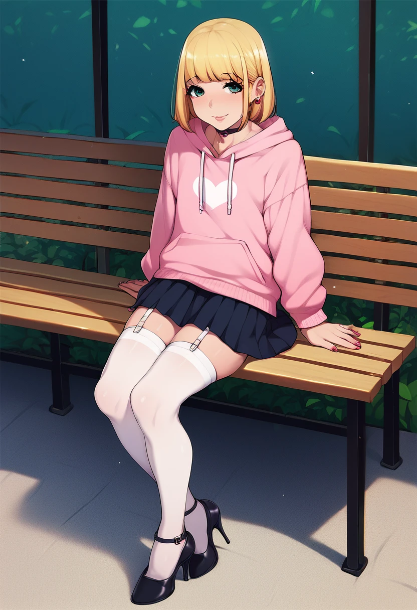 score_9, score_8_up, score_7_up, score_6_up, <lora:Wataya_Style_PDXL:1> watayaxl, femboy, otoko no ko, crossdressing, 1boy, high heels, stockings, skirt, long sleeve sweatshirt, sitting on a bench