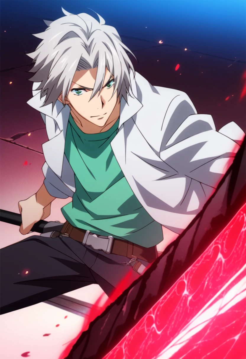 Prompt: score_9, score_8_up, score_7_up, score_6_up, highly detailed, masterpiece, best quality,detailed,intricate details, amazing quality, best aesthetic, absurdres,source_anime,hayato gokudera, grey hair, green eyes, white jacket, green shirt, weapon, red flames, polearm<lora:EMS-391469-EMS:1.000000>