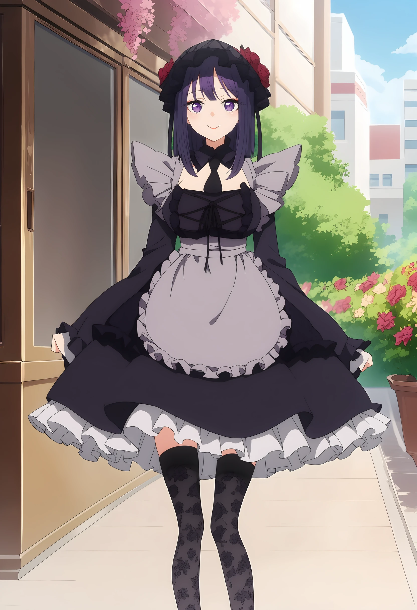 (score_9, score_8_up, score_7_up), (masterpiece, best quality, very aesthetic, ultra detailed, source anime, anime, intricate details), <lora:Sono Bisque Doll wa Koi wo Suru - Marin Kitagawa XL R1.1:0.8>, 1girl, solo, breasts, looking at viewer, smile, long sleeves, dress, thighhighs, purple eyes, purple hair, flower, frills, necktie, outdoors, black thighhighs, wide sleeves, black dress, apron, cosplay, bonnet, wig, standing, kitagawa marin