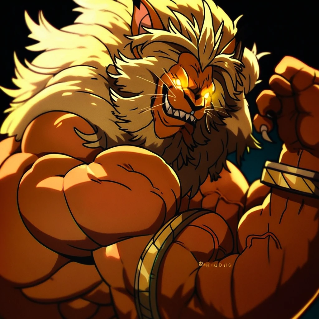 score_9, score_8_up, score_7_up BREAK Beast King, anthro lion, muscular male, 1boy, solo, looking at viewer, smile, teeth, jewelry, flexing muscles, topless male, glowing eyes, large veiny muscles, large pectorals