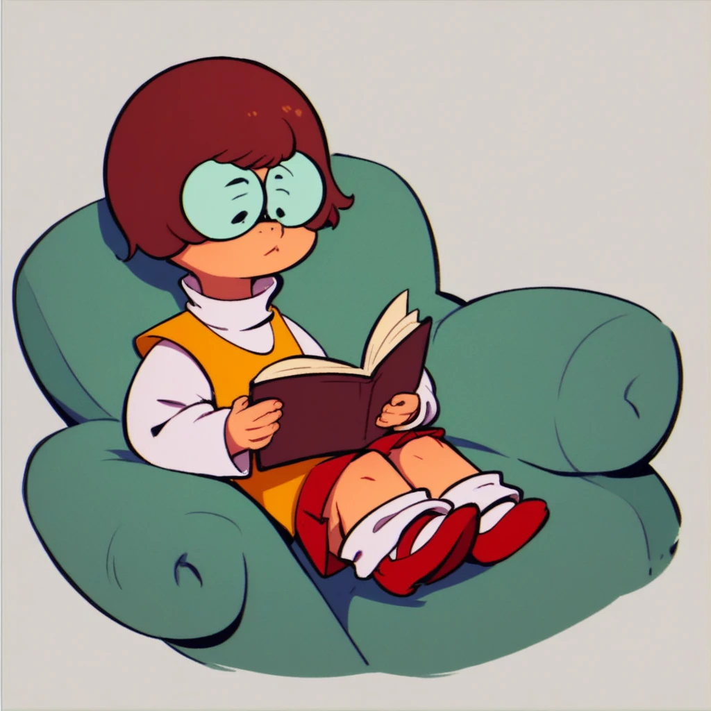 score_8, score_9, solo, velma, short hair, red hair, glasses, skirt, reading a book