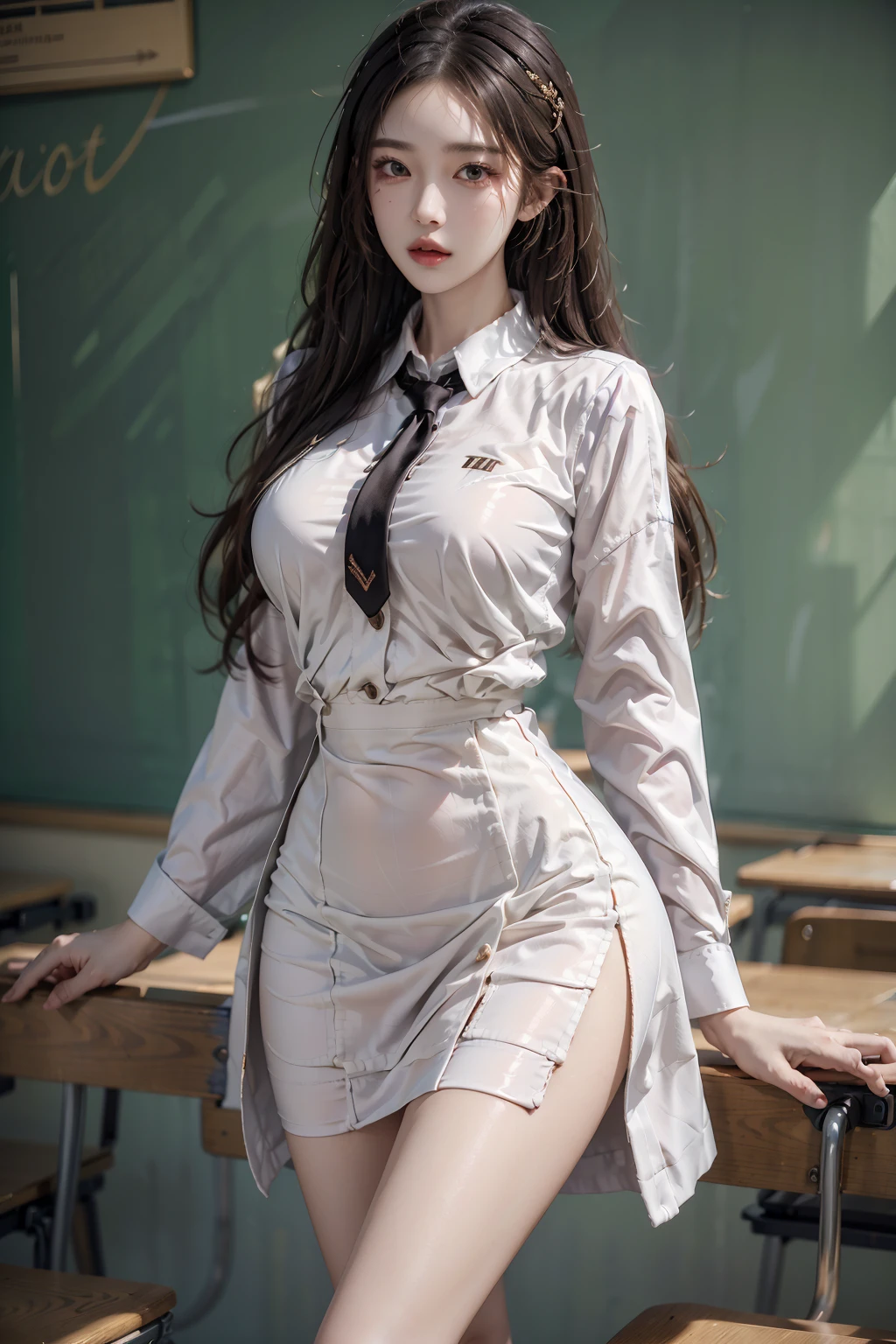 female,masterpiece, realistic, best quality, ultra detailed, waist up, long hair, fashionable accessories, teacher outfit, <lora:0mix:0.7>, skirt suit, sexy outfit