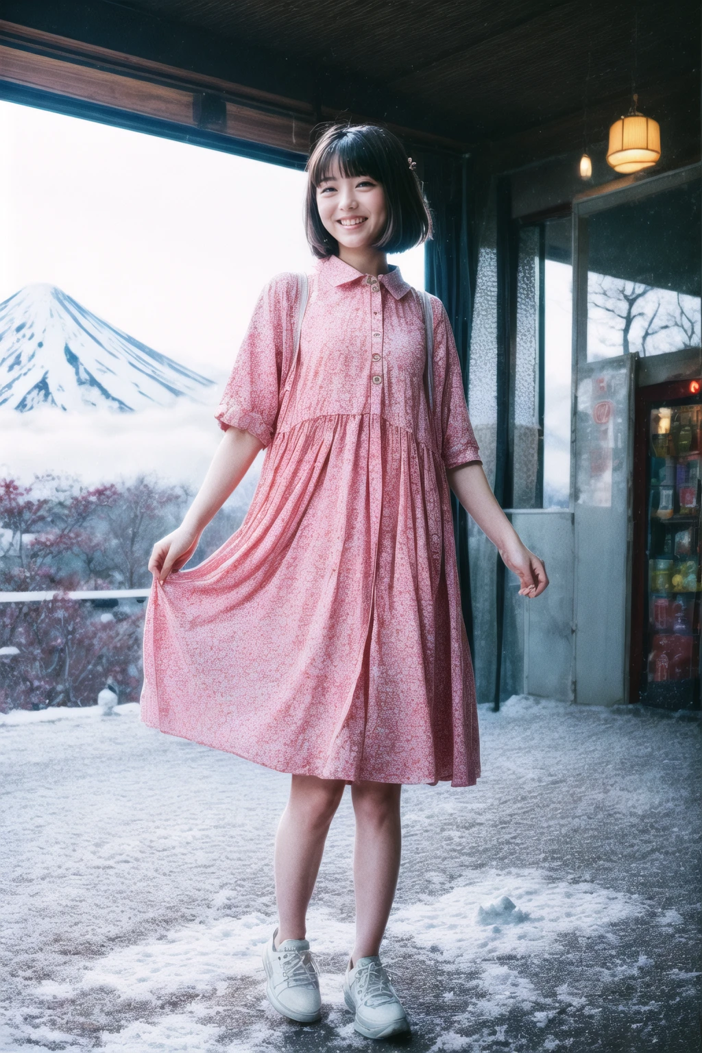 (masterpiece, top quality, best quality, official art, beautiful and aesthetic:1.2),film grain,bokeh,extreme detailed,highest detailed,Happy  girl,blush,running standing in japan street,train station,vending machine,cafe,laugh,looking to the camera,kinetic,top-down perspective,(sakura bloom),((fuji mountain with snow in the background)),film camera,white collared short dress,bohemian flower print,flower ornament,white sneaker,bangs,<lora:MinamiHamabe-v1:0.9>,minamehamab3,<lora:add_detail>,smile,