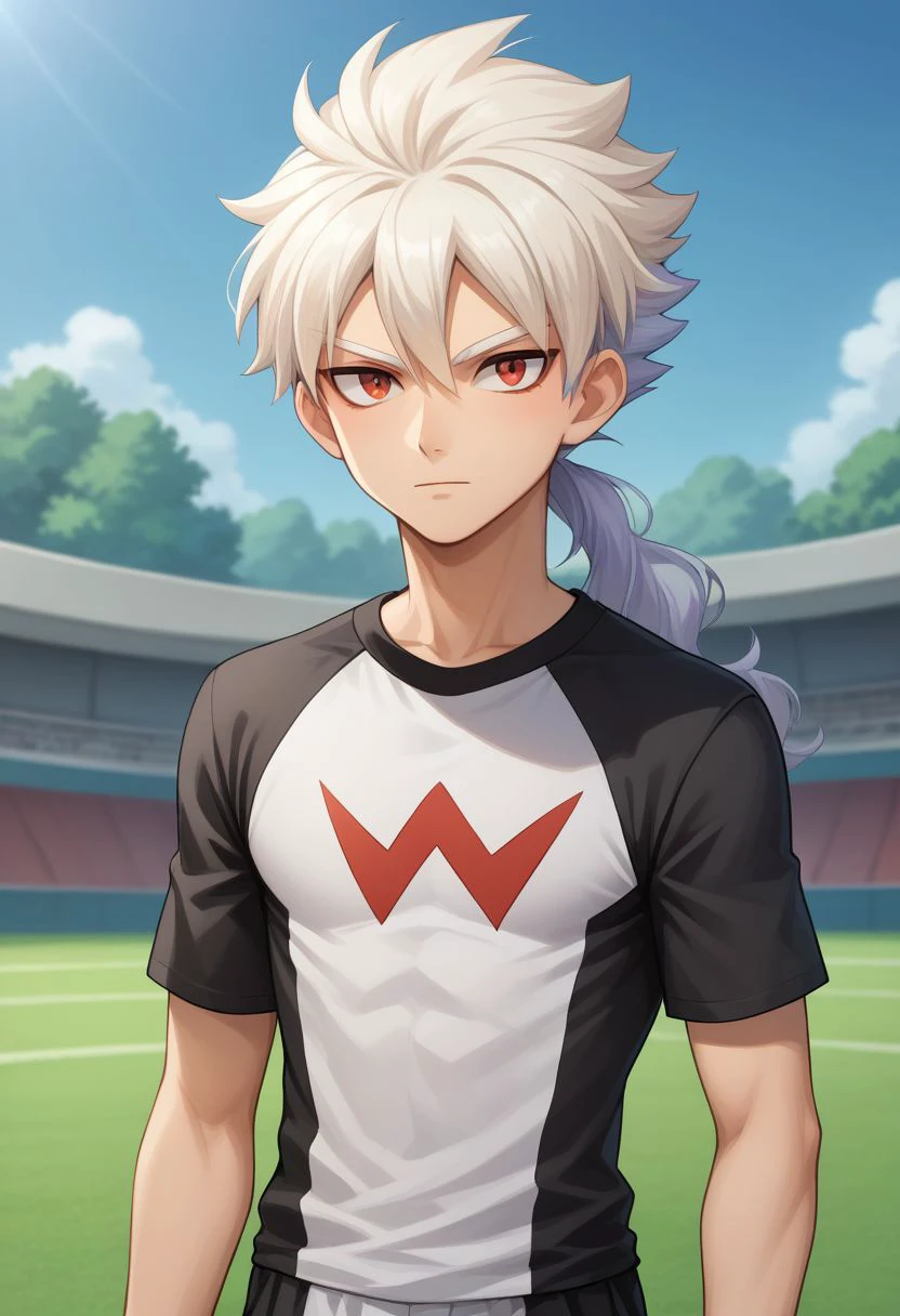 score_9, score_8_up, score_7_up, source_anime, highly detailed, 
bailong, solo, male focus, 1boy, soccer uniform, sportswear, two-tone hair, multicolored hair, long hair, red eyes, white hair, silver hair,
ponytail, white shirt, black shirt, two-tone shirt, shirt print, black pants, white pants, two-tone pants, upper body, skinny,
outdoor,