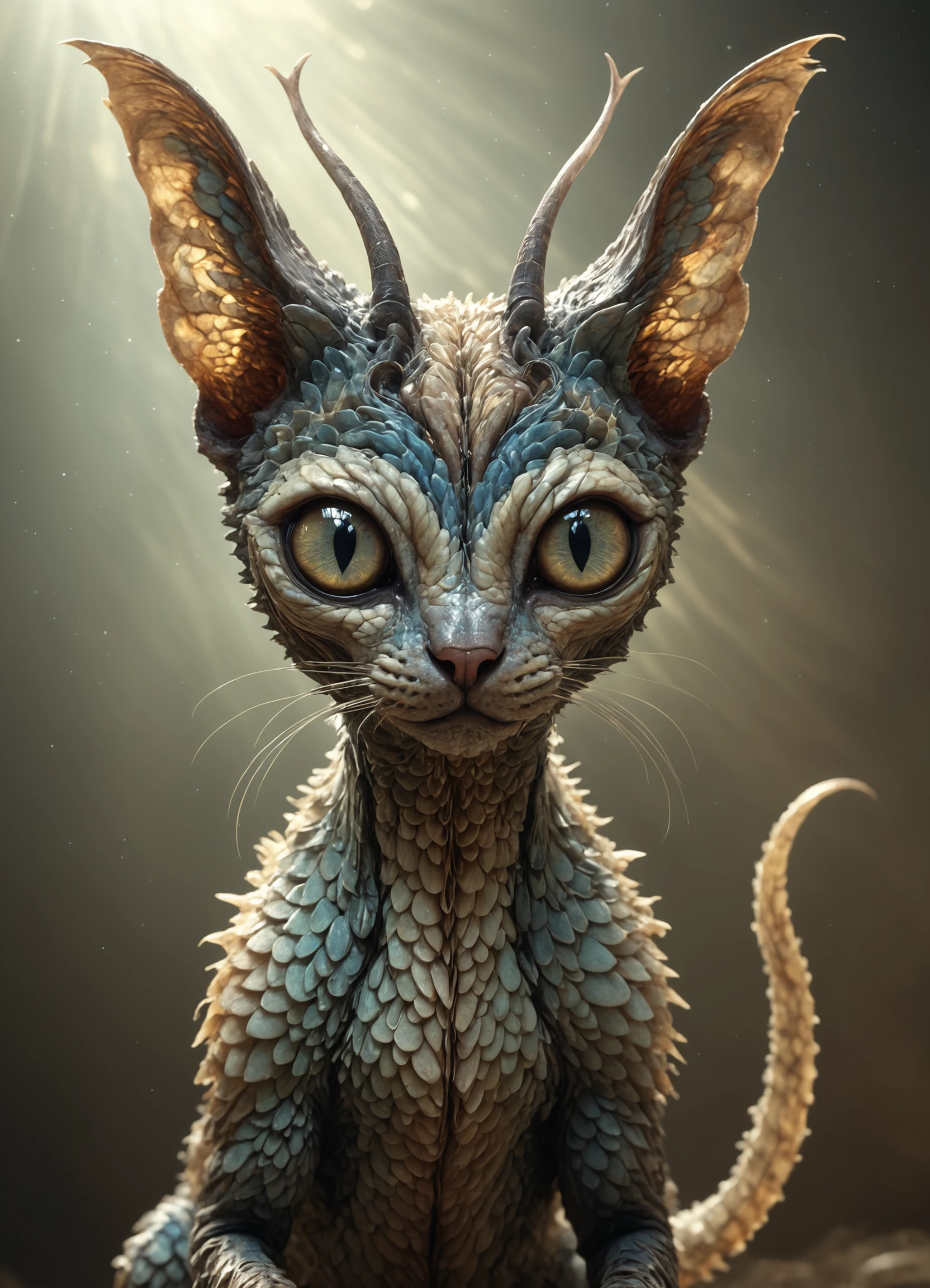 <lora:TheWeirdies_epoch_10:0.78> no humans, animal focus, Small Otherworldly Ethereal Abstract Feline, Digitigrade Appendages, Forked-Tailed, Scales, Pointed Horns Split Jaw Beige <lora:add-detail-xl:1>
