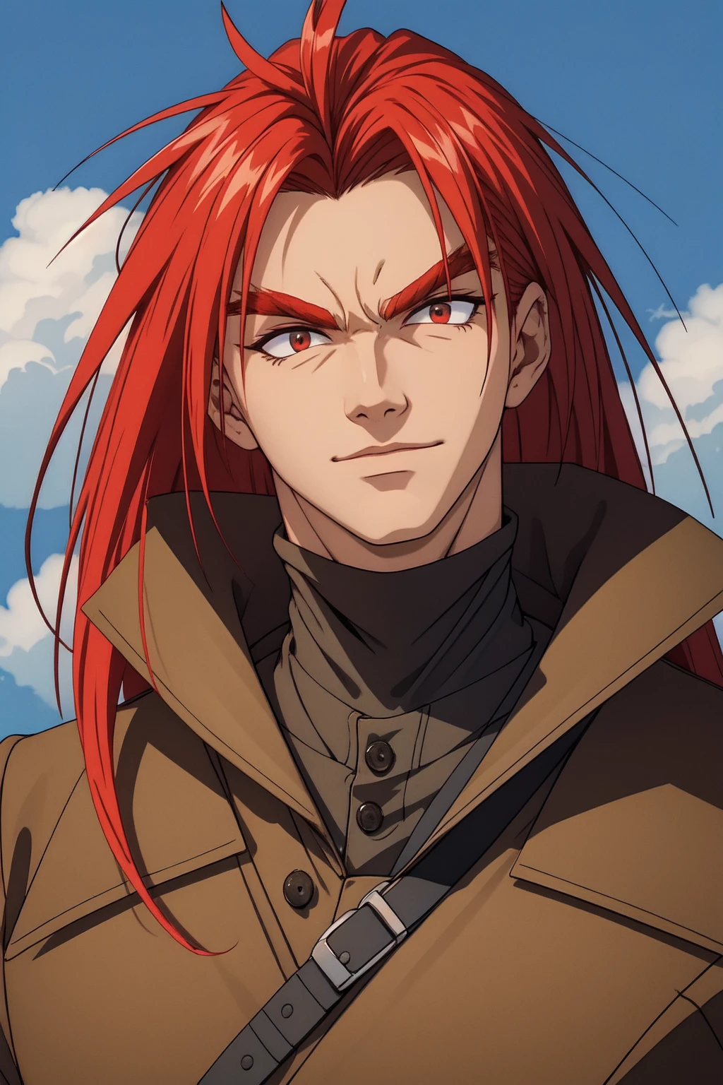 solo male, masterpiece, best quality, spiked hair, upper body, looking at viewer, expressionless, meadow background , vibrant colors, colorful, brown jacket, shoulders, 
(gaav:1.4),(red eyes:0.8), <lora:gaav-12v2:0.55>, (red hair:0.8), (long hair:1.1)