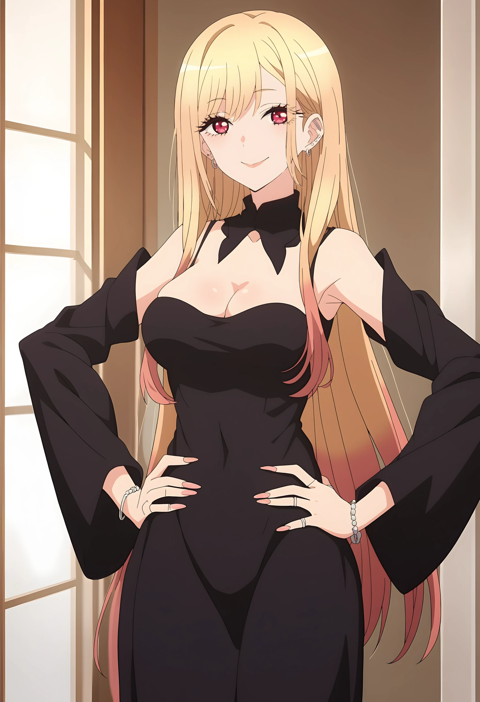 (score_9, score_8_up, score_7_up), (masterpiece, best quality, very aesthetic, ultra detailed, source anime, anime, intricate details), <lora:Sono Bisque Doll wa Koi wo Suru - Marin Kitagawa XL R1.1:0.8>, 1girl, solo, long hair, breasts, looking at viewer, smile, blonde hair, red eyes, dress, cleavage, jewelry, multicolored hair, earrings, detached sleeves, black dress, piercing, ear piercing, hands on own hips, kitagawa marin
