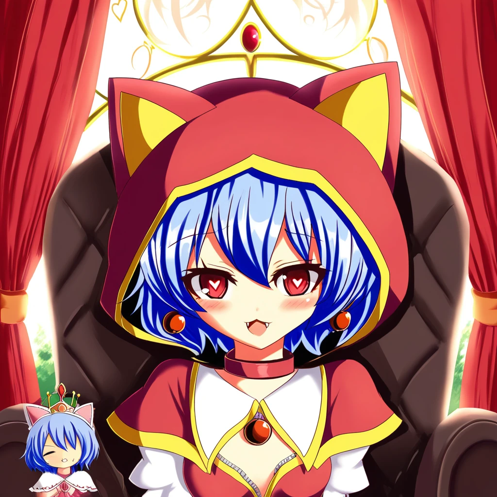 cat costume, partially unzipped, collar, hand between legs, earrings, on chair, remilia scarlet, capelet, lens flare, fang, curtains, gloves, upper body, nekomata, one-hour drawing challenge, cat girl, crown, bed, animification, blue hair, open clothes, heart-shaped pupils, short hair, on floor, chen