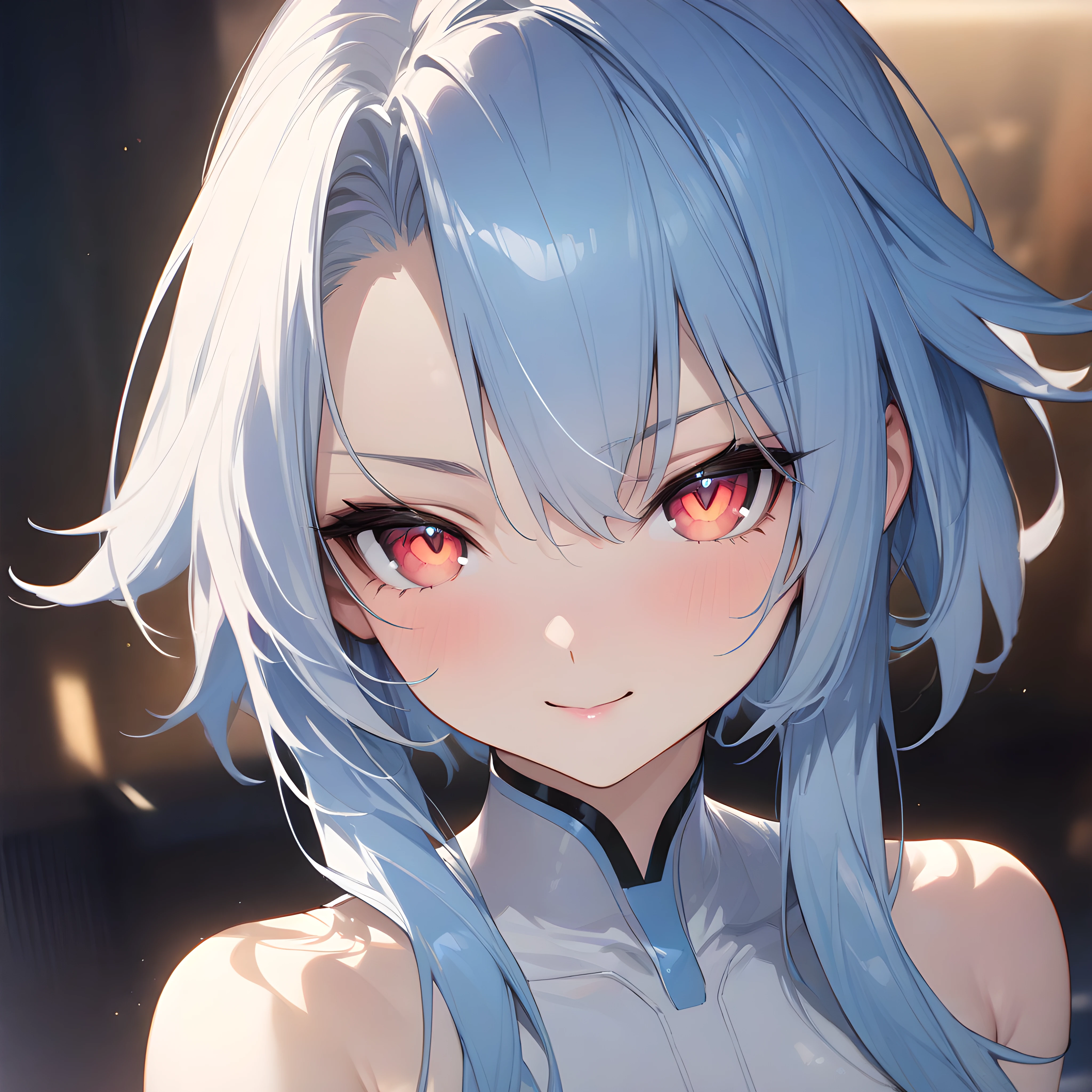 (masterpiece),(best quality),(ultra-detailed),(best illustration),(best shadow),(absurdres),(detailed background),(very aesthetic), white heart, flat chest, red eyes, white hair, blue hair, orange eyes, symbol shaped pupil, power symbol, elbow gloves, gloves, very close-up, portrait,  leotard, seductive smile, looking at viewer, <lora:XL-WhiteHeart:1>