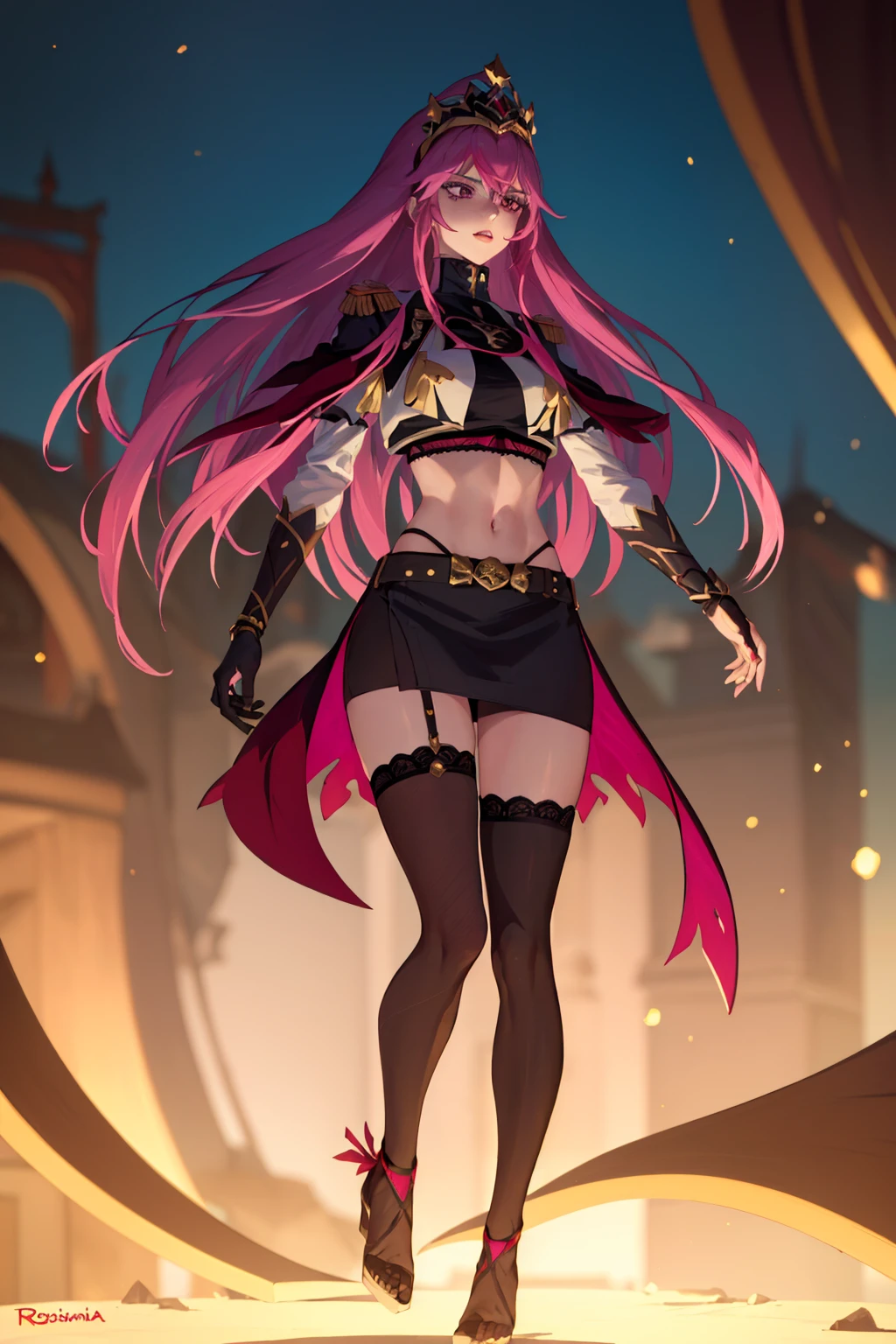 an accurate and detailed full body shot of a young adult female character named Rosaltis, a determined and mysterious aura, (Long flowing magenta hair with pink highlights:1.5), violet-indigo eyes, Seductive makeup, defined lips, (Imperial Veil Crown:1.3), (a white high collar crop top:1.7), (a gothic lace corset underneath crop top:1.4), (Long black opera gloves:1.1), (gold bracers:1.2), (A long black slit-skirt:1.3), Fishnet stockings, Red and gold garter belts, (knee-high Soft-knit wedge heels:1.2), A black belt with various trinkets, Flowing red ribbons, gold accent jewelry, masterpiece, high quality, 4K, rosaria(genshin impact), jessie pokemon, Altair Recreators<lora:EMS-12256-EMS:0.500000>, <lora:EMS-36230-EMS:0.600000>, <lora:EMS-259677-EMS:0.700000>