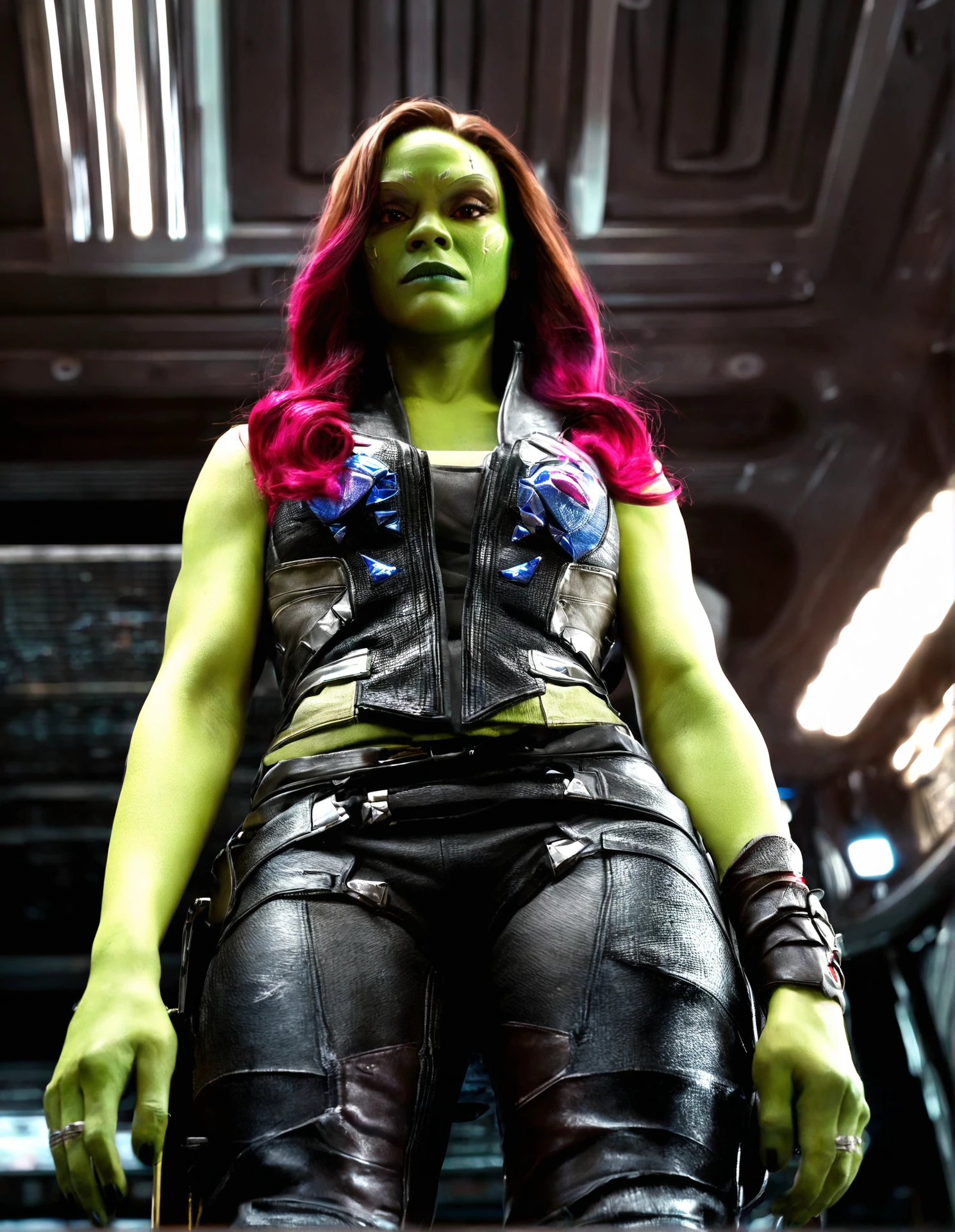 score_9, score_8_up, score_7_up,high res,full body shot,high resolution,realistic,gmra woman,vest,pants,female,green skin,pov,from below,in a spaceship from guardians of the galaxy