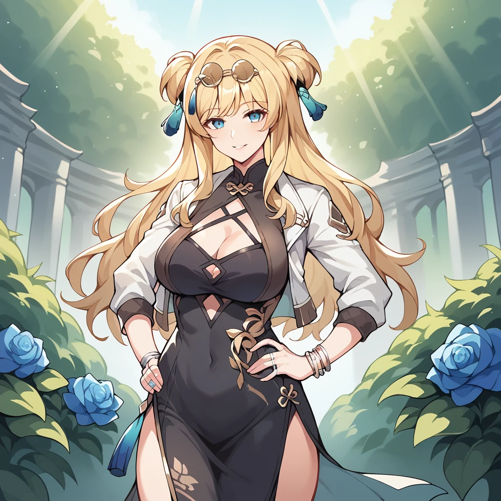 score_9_up, score_8_up, score_7_up, score_6_up, source_anime, solo, Songque, extremely detailed fine touch, masterpiece, best quality, standing, hand on hip, seductive, smile, parted lips, closed mouth, face focus, looking at you, long hair, blonde hair, black dress, cleavage cutout, jewelry, blue eyes, white short jacket, bracelet, two side up, chinese clothes, china dress, eyewear on head, blue flower, ring, large breasts, mature body, dynamic cowboy shot, outdoors, evening sun rays, garden background