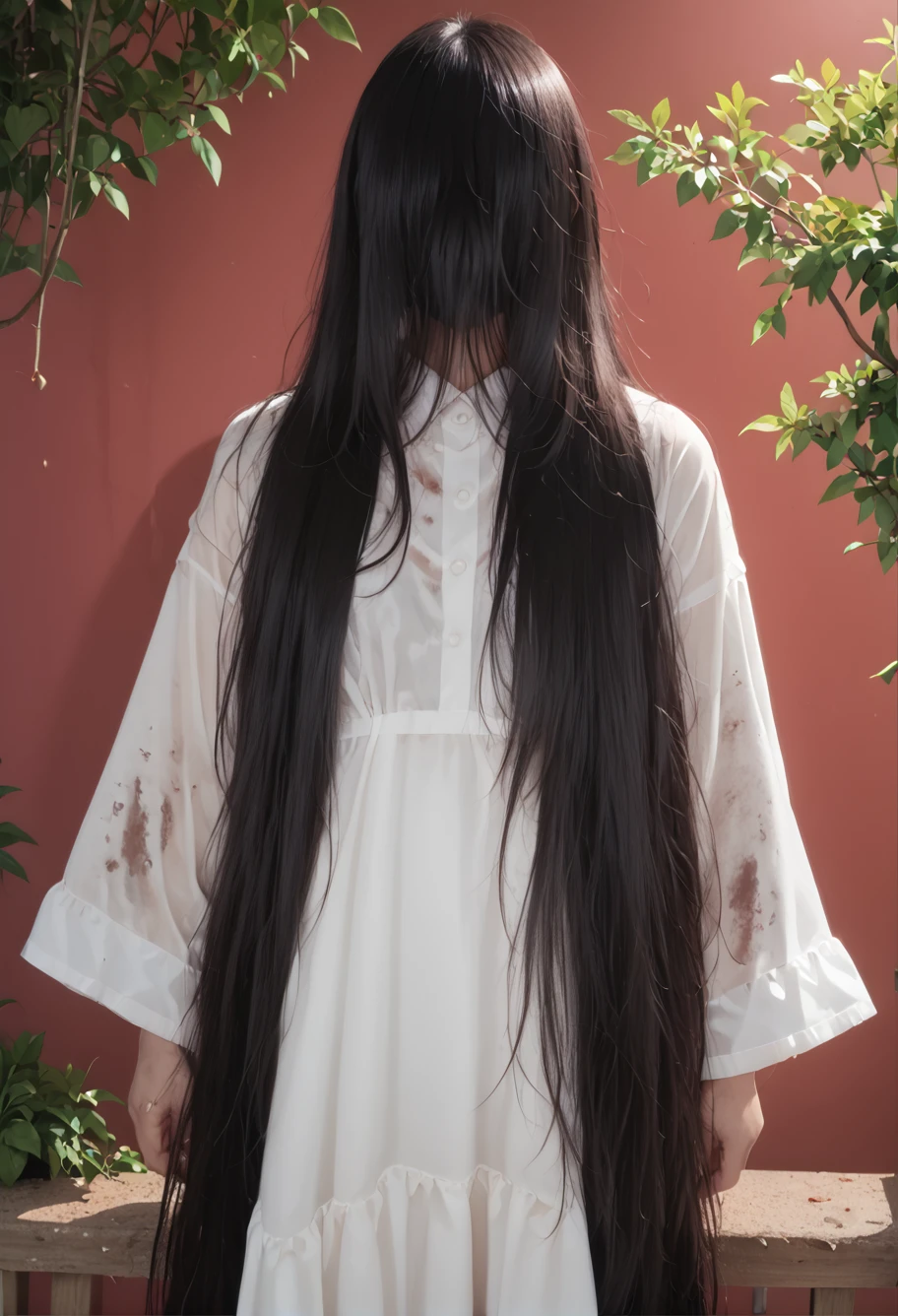 score_9,score_8_up,score_7_up,8k,hd,red background,,ruyanyi0662,dirty,hair over eyes,sleeves past wrists,very long hair,cowboy shot,white dress,hair over face,reverse hair,<lora:0662 yamamura sadako_pony:1>